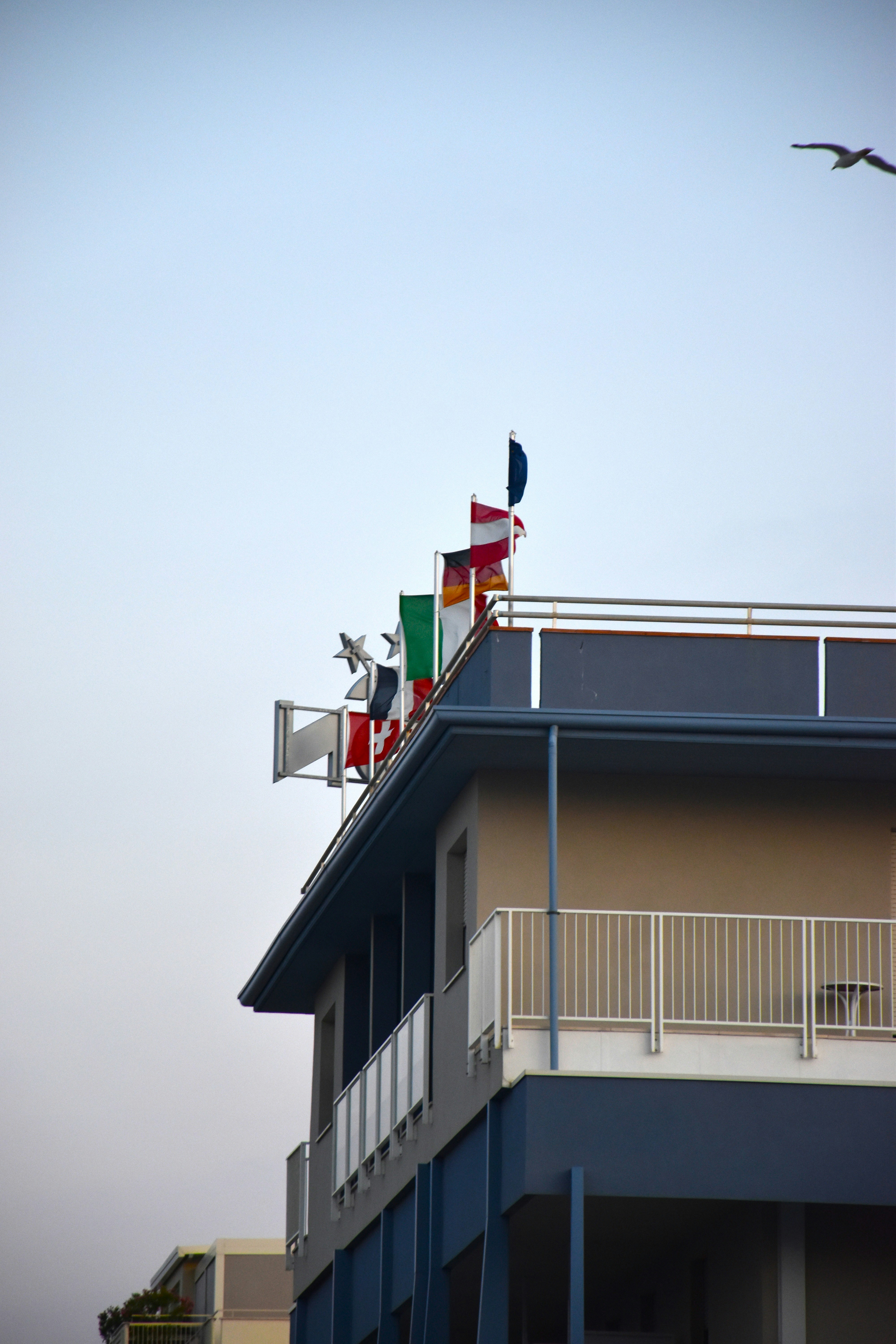 Flags flutter atop a building's rooftop.