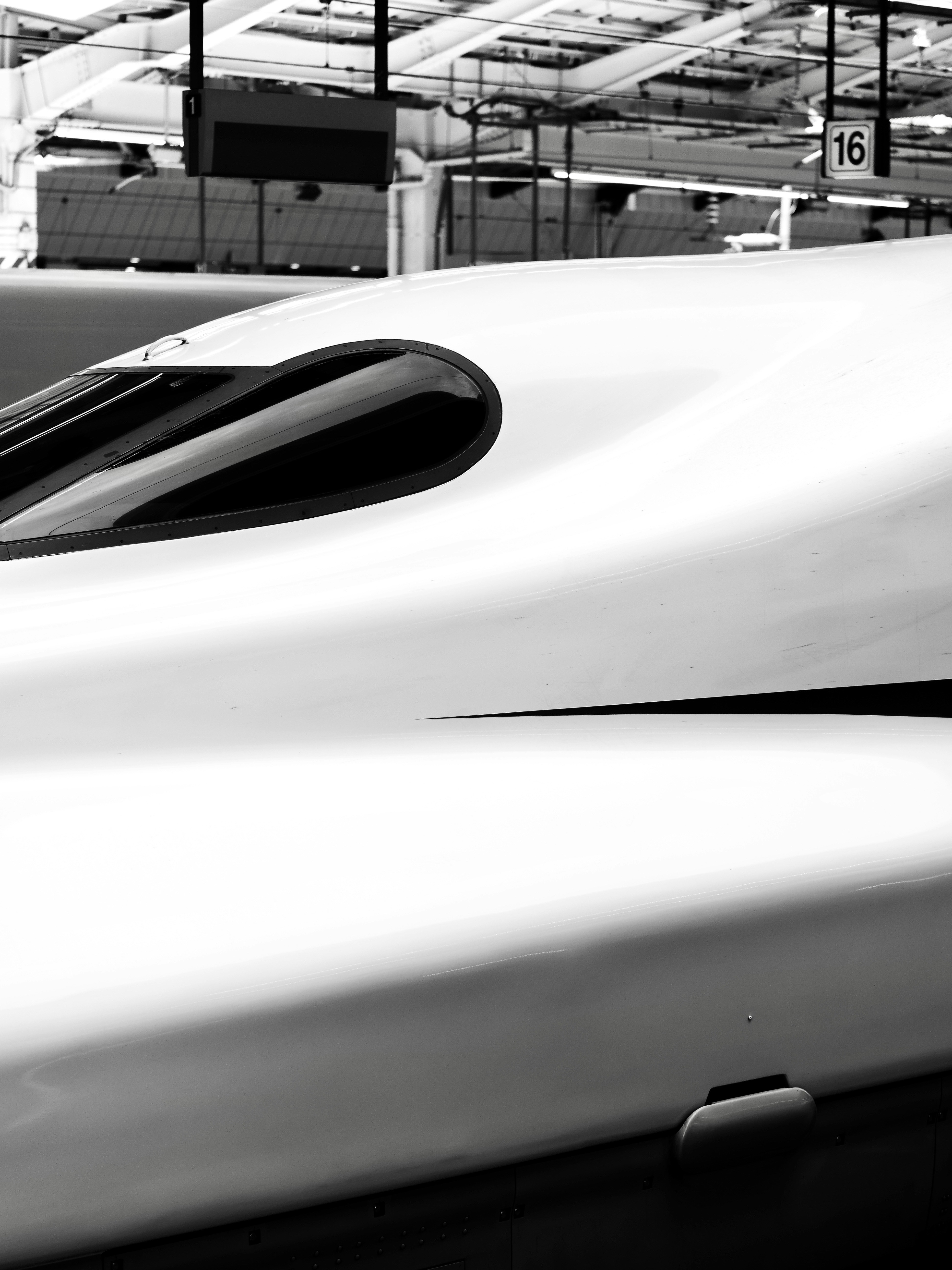 A sleek, futuristic bullet train in grayscale.by Sebastian Schuster