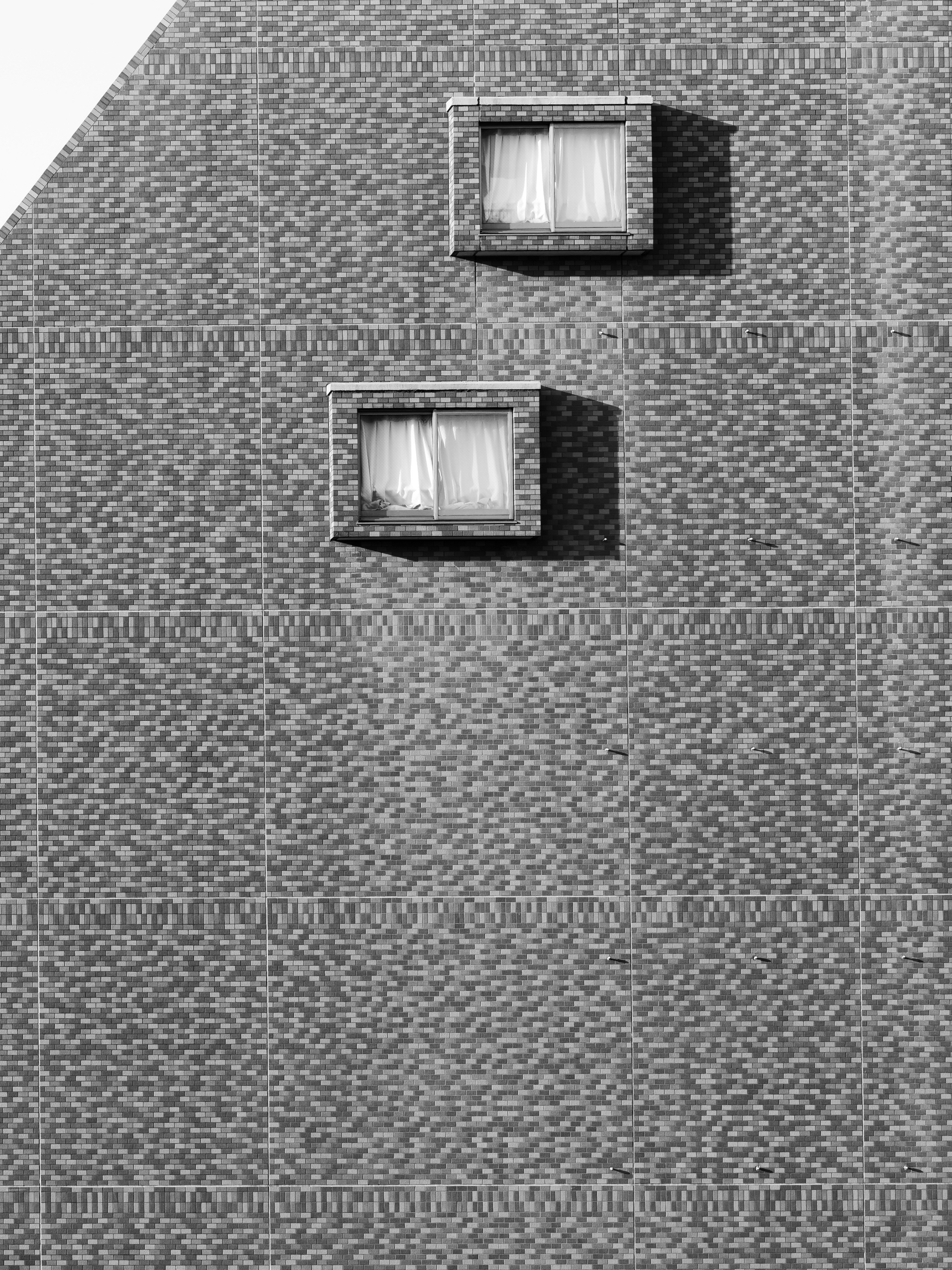 Two windows on a textured building facade