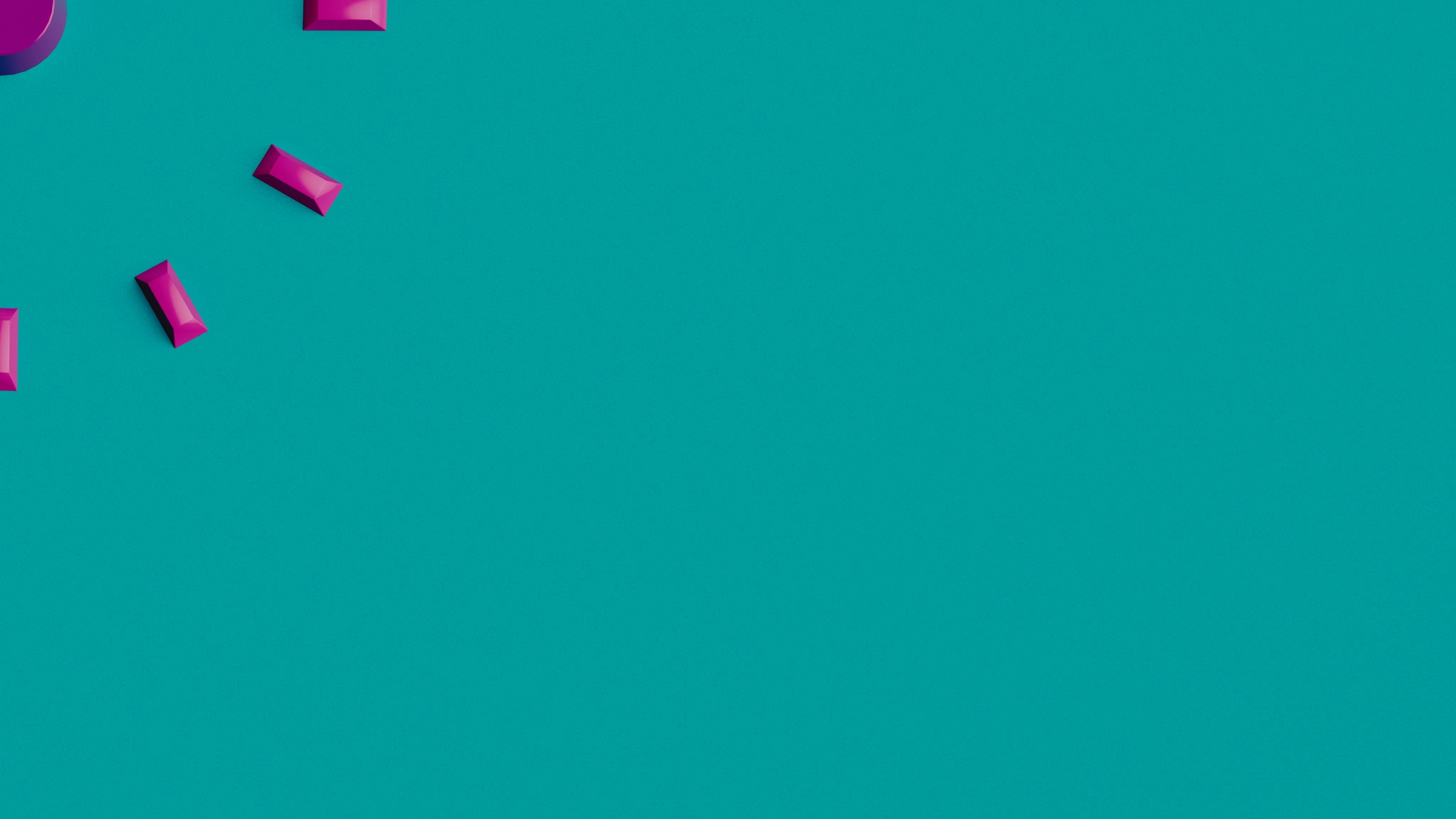 A segment of glossy pink rectangular prisms arranged along an arc on a smooth teal surface, casting soft shadows and subtle reflections in a minimalist 3D composition.