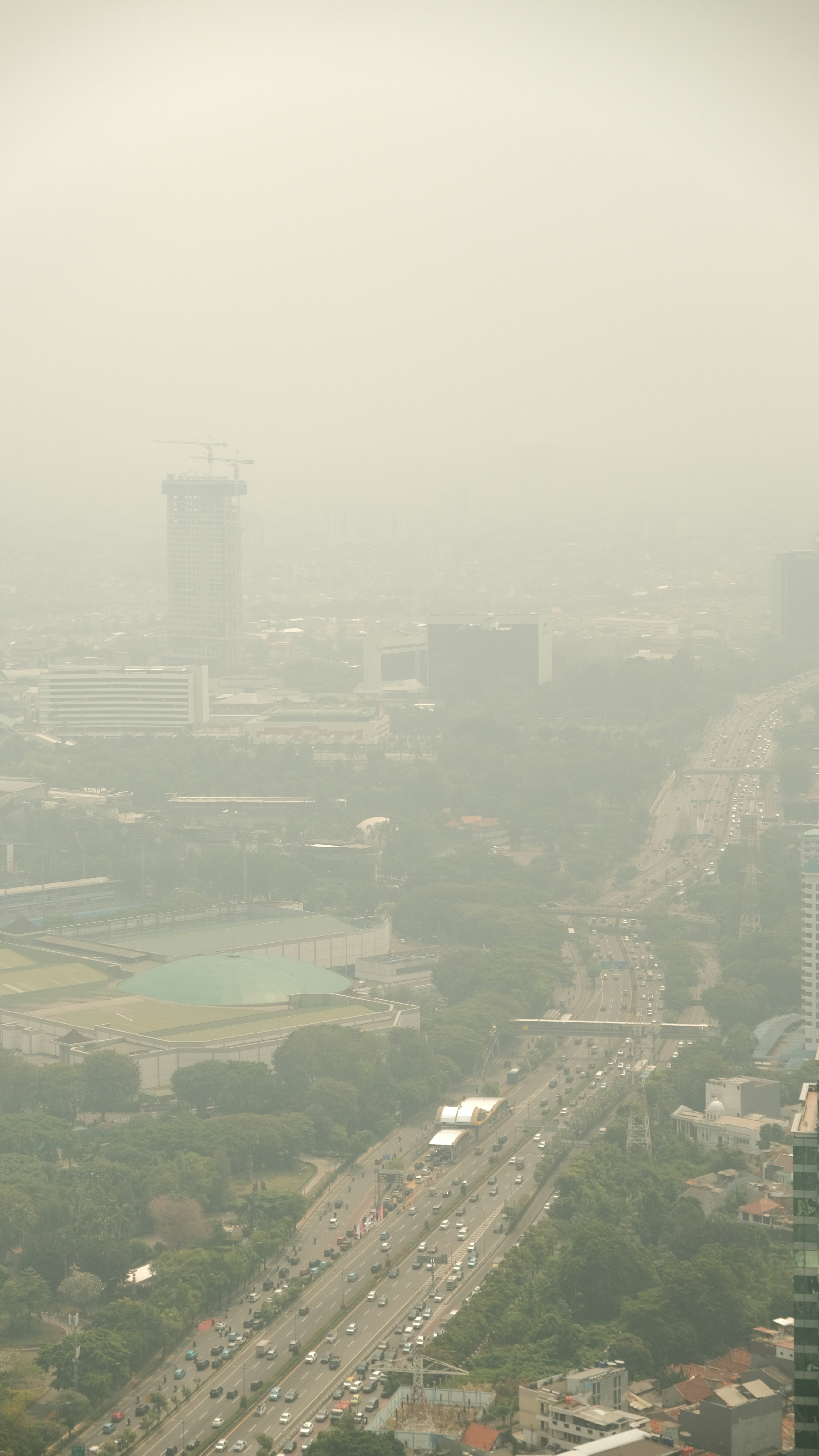 Dense smog obscures the city view.