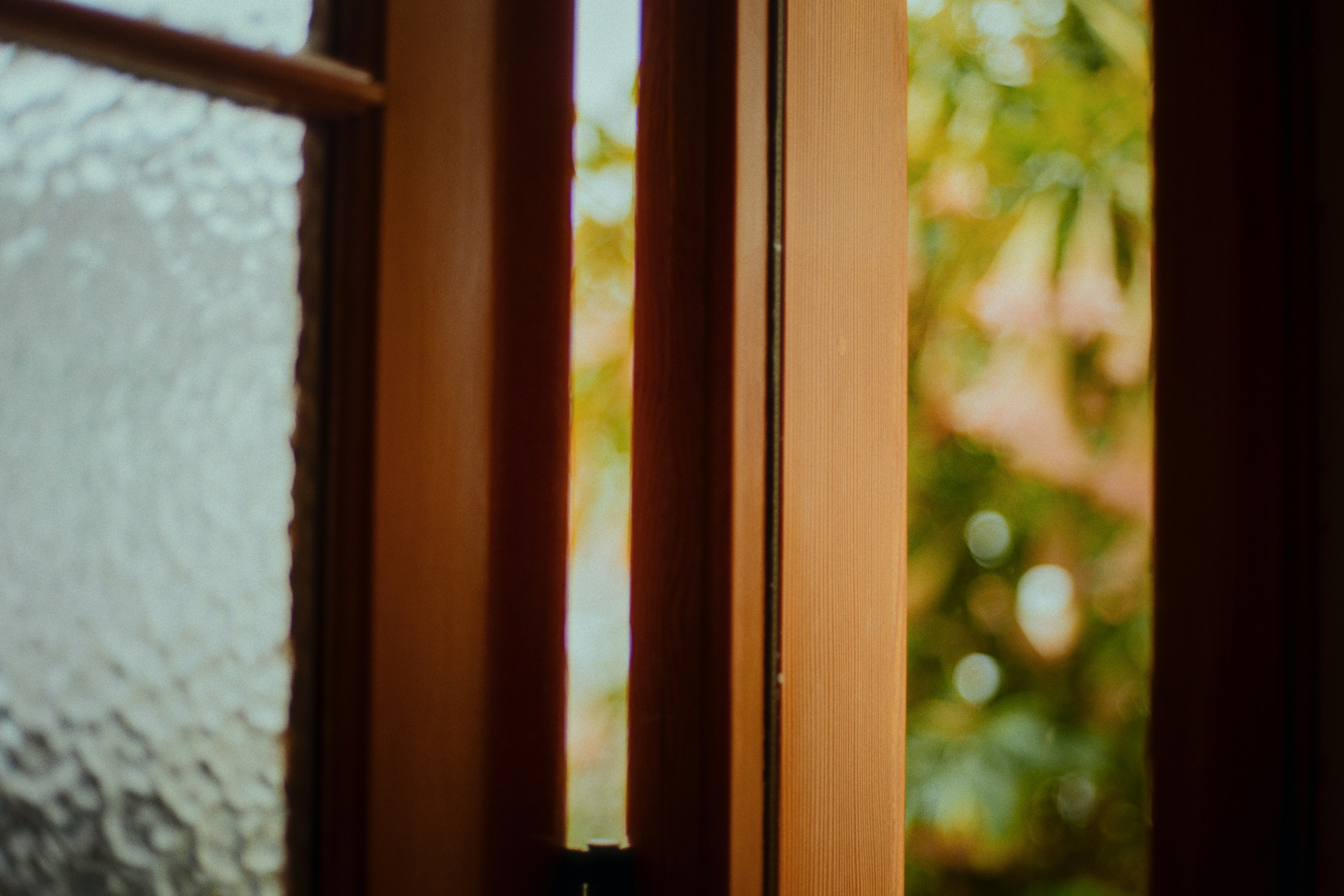 Looking through a wooden window, blurring the outside.