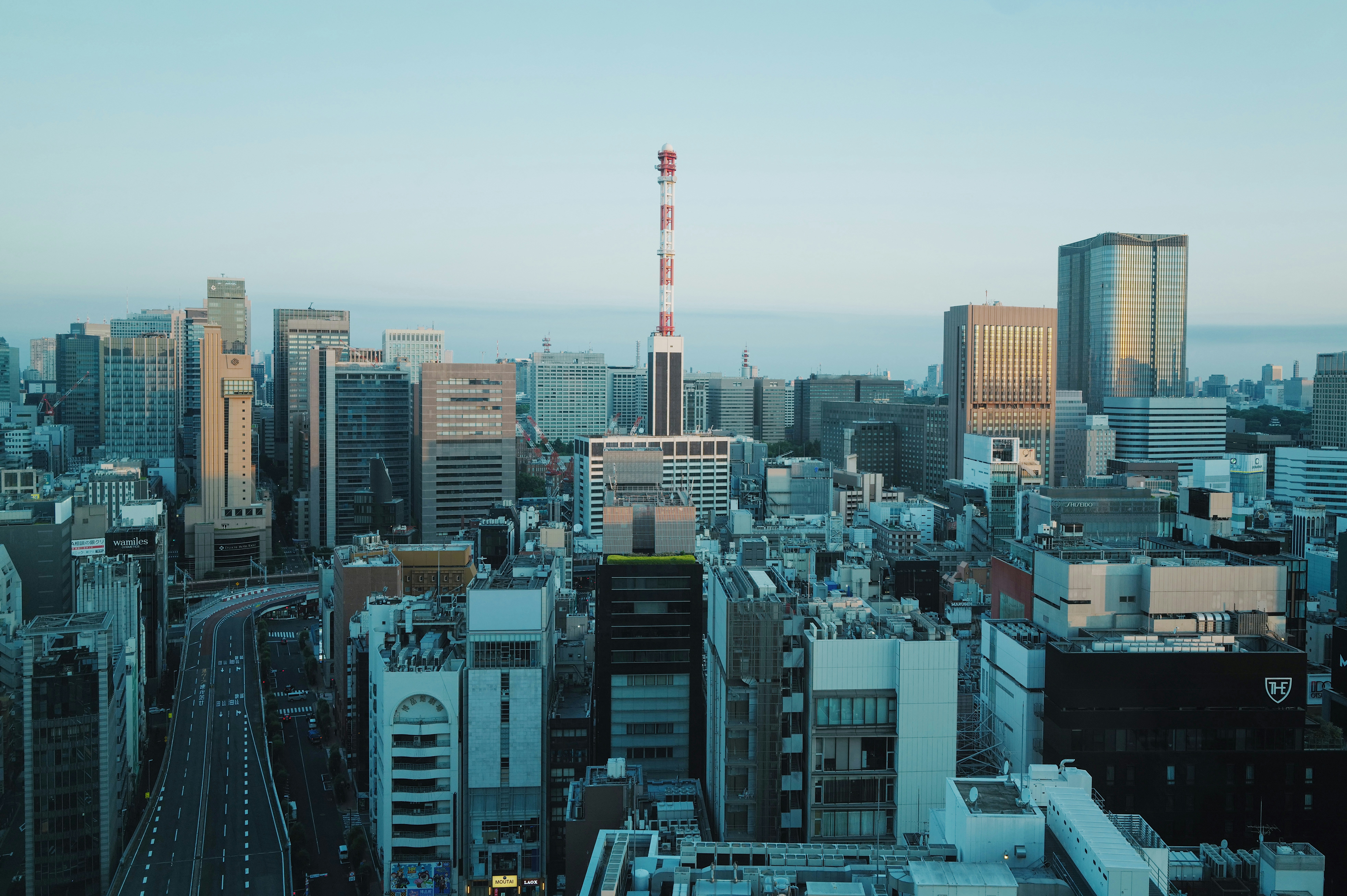 Cityscape with many skyscrapers under a clear sky.
