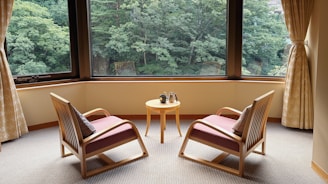 Two chairs face a window with a green view.