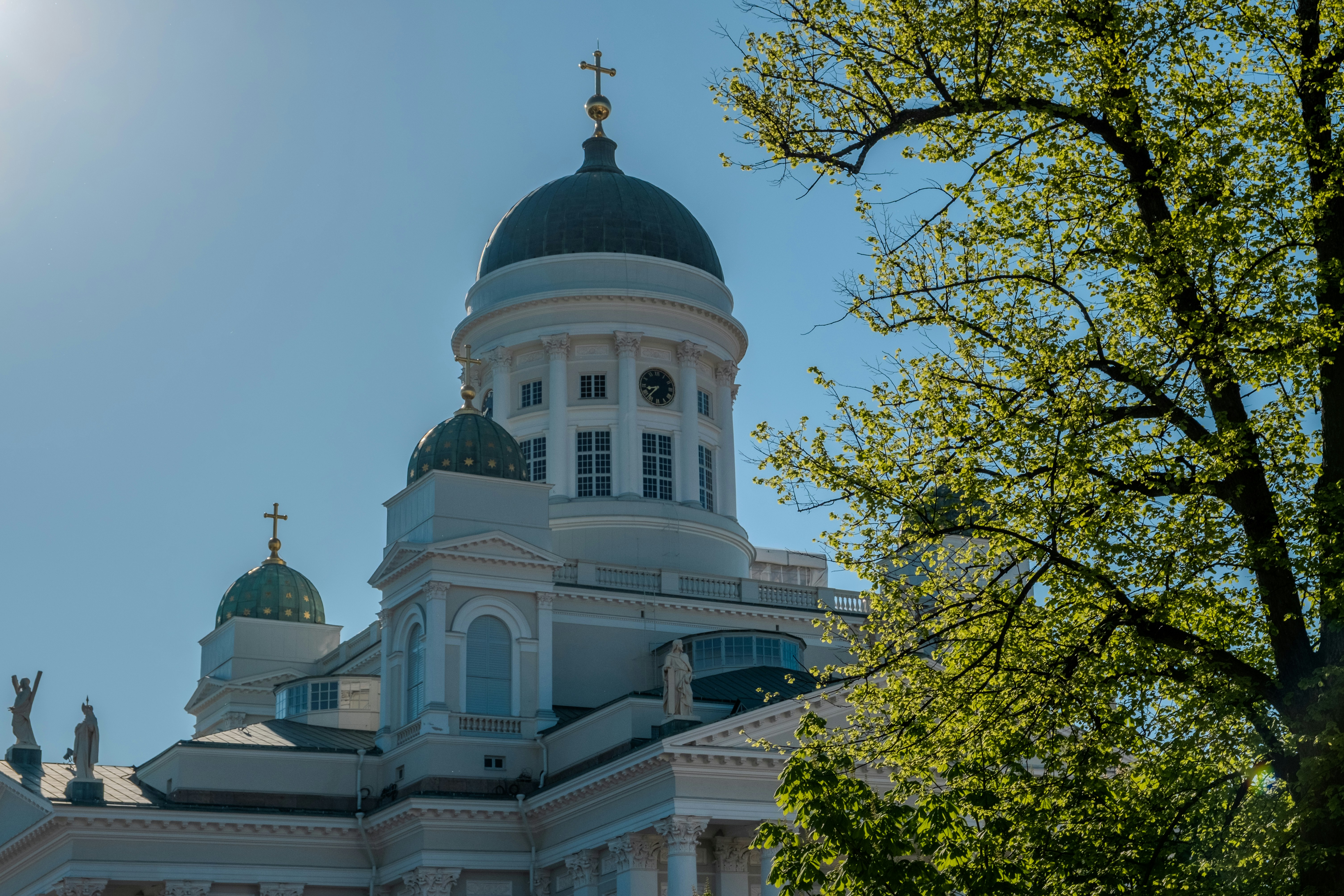 Helsinki cathedral, finland, under a bright blue sky.