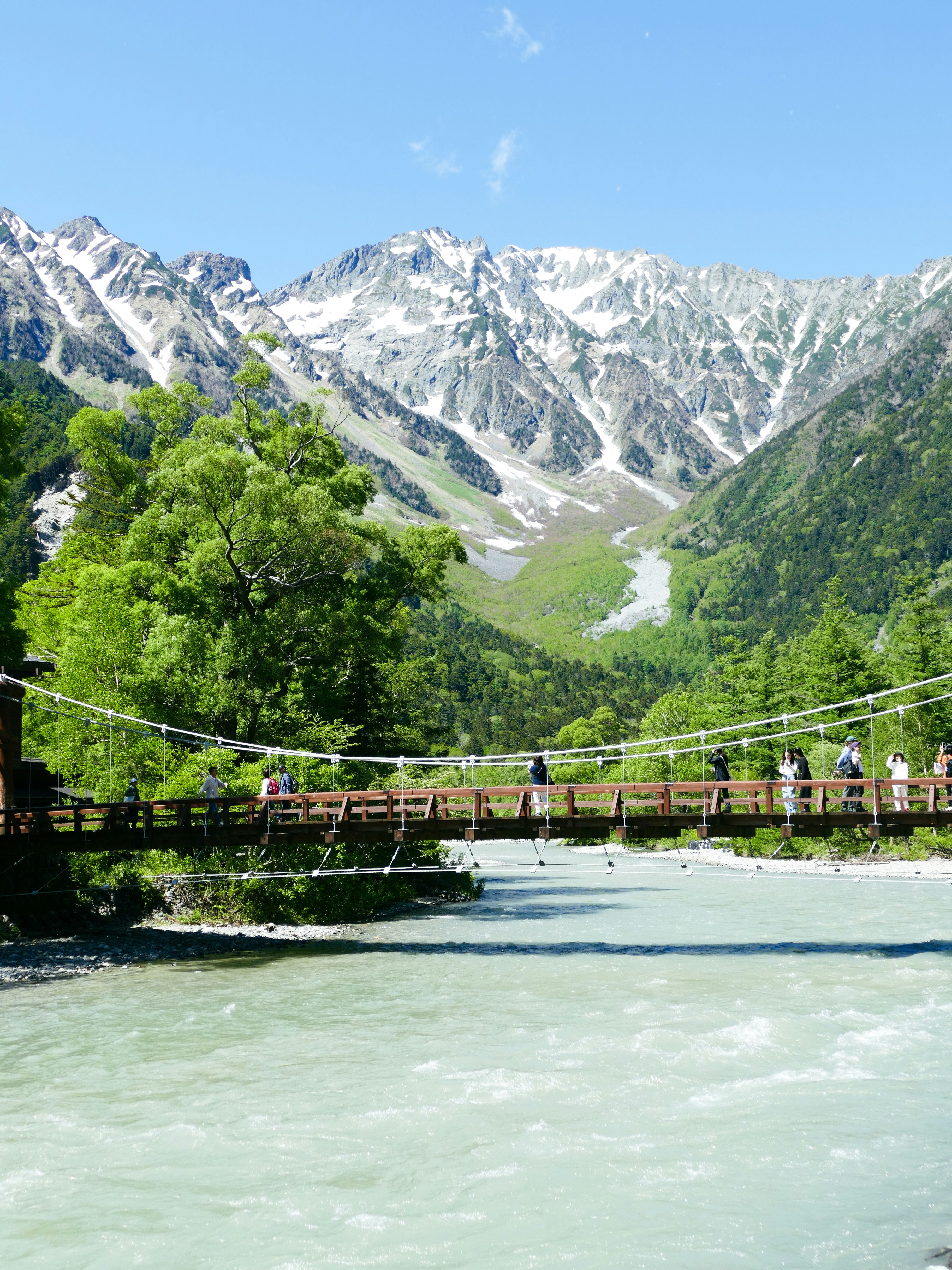 Bridge over river with mountains in background.