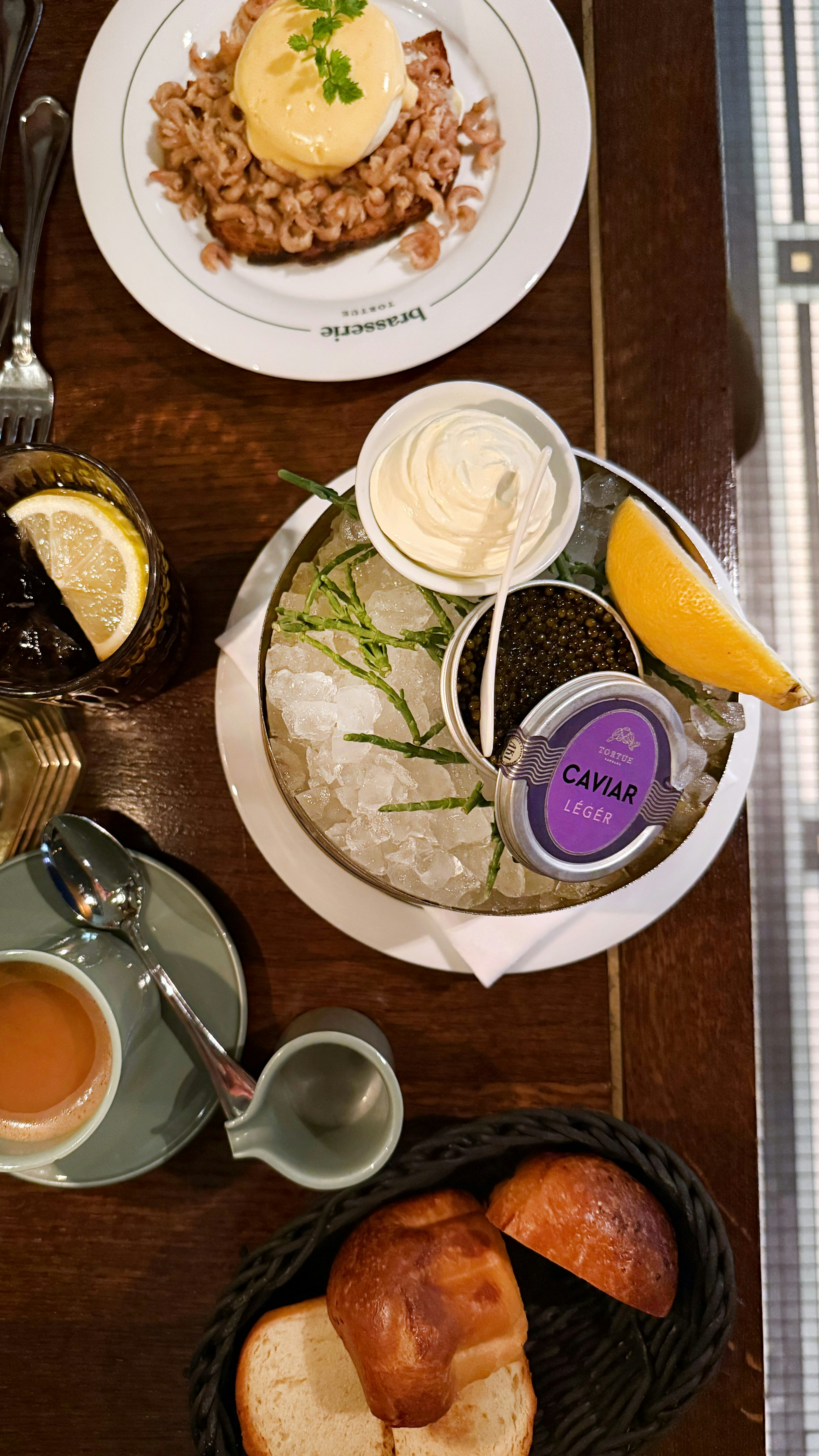 Luxury breakfast features caviar and shrimp toast.