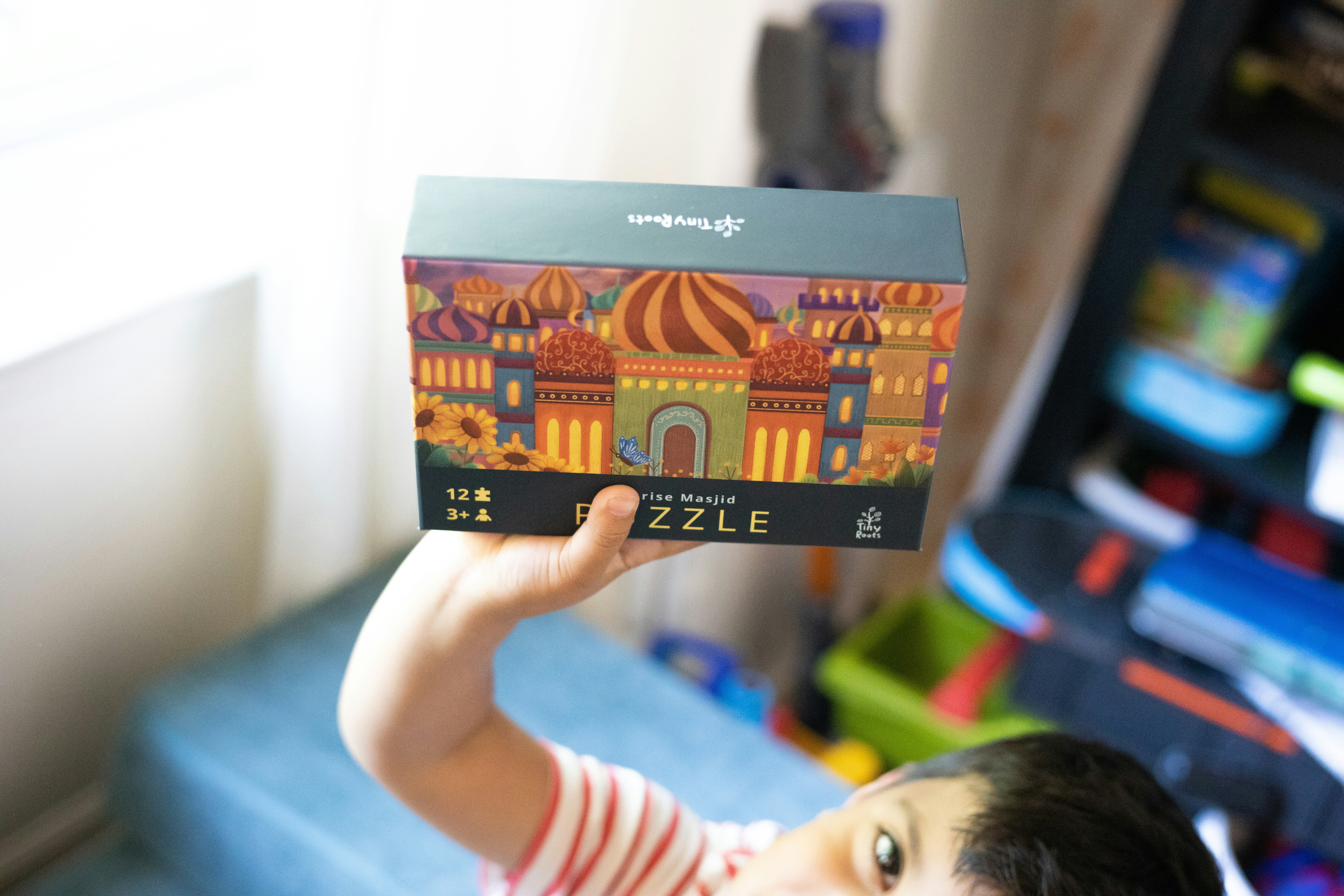 A child holds up a colorful boxed puzzle.