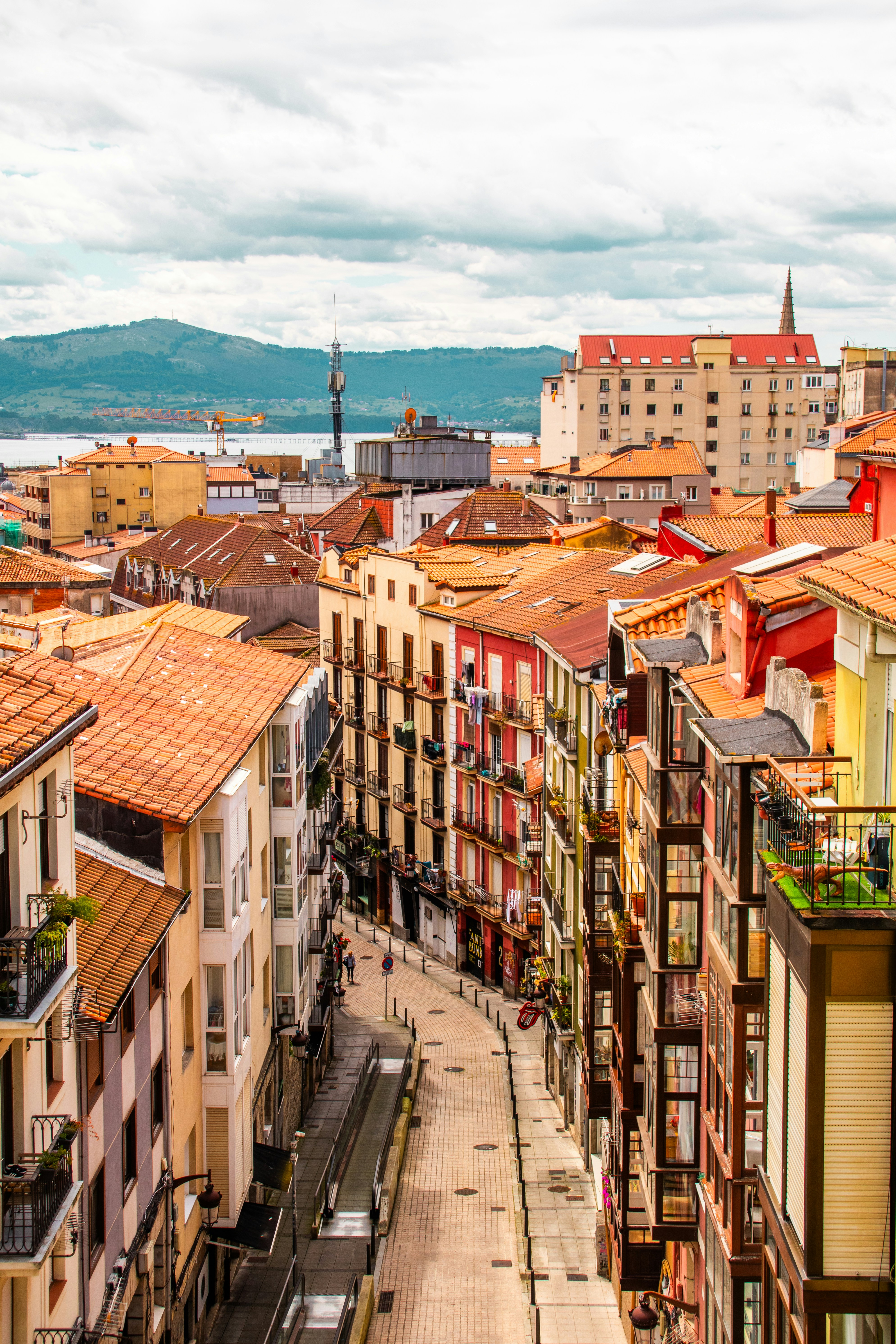 Narrow street of buildings in a european city.