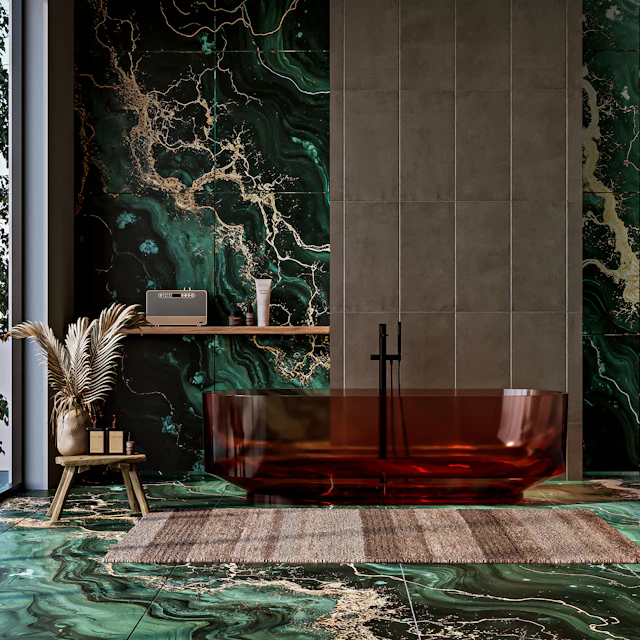 Bathroom with green marble walls and floor and an amber glass bathtub
