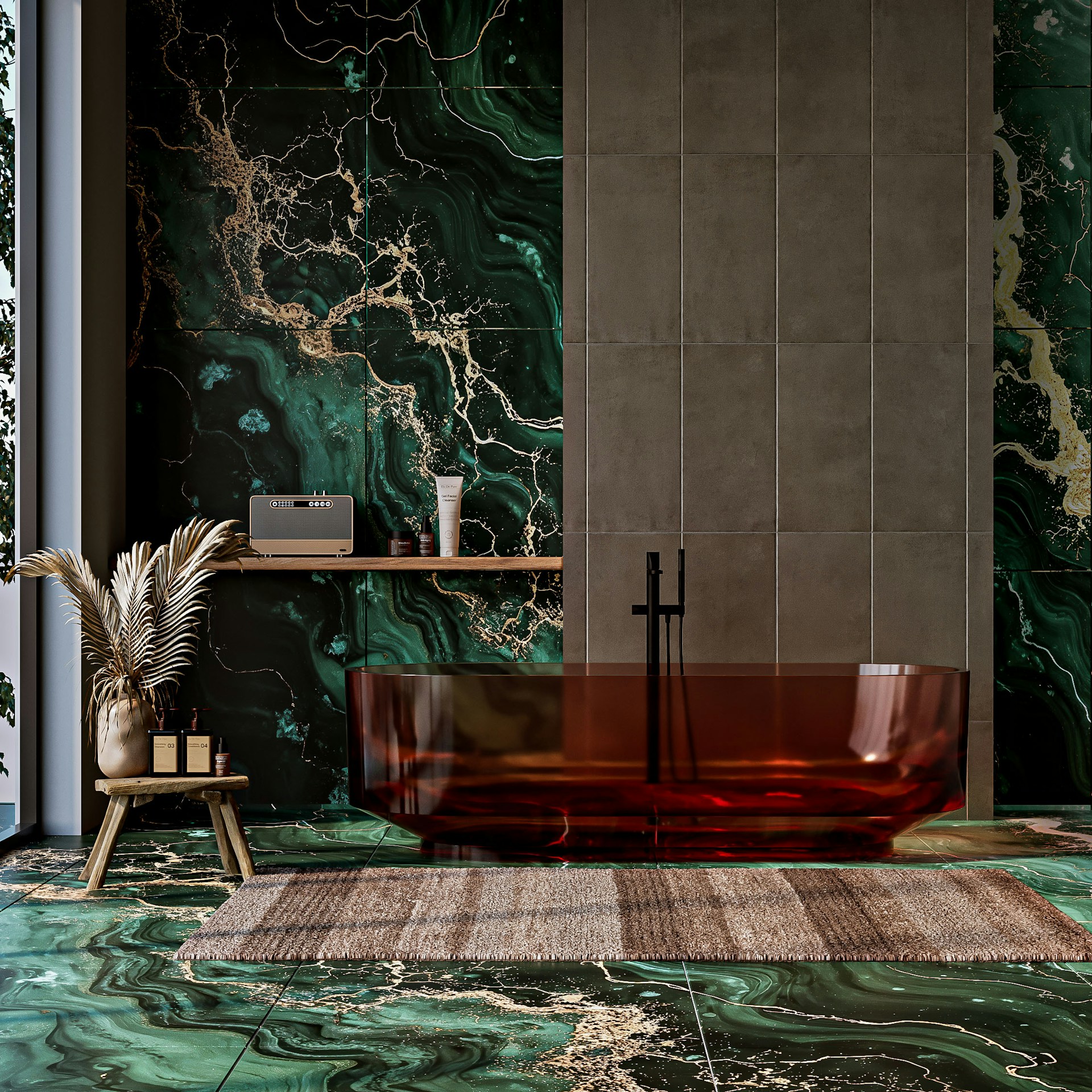A luxurious bathroom features malachite stone and amber bathtub.
