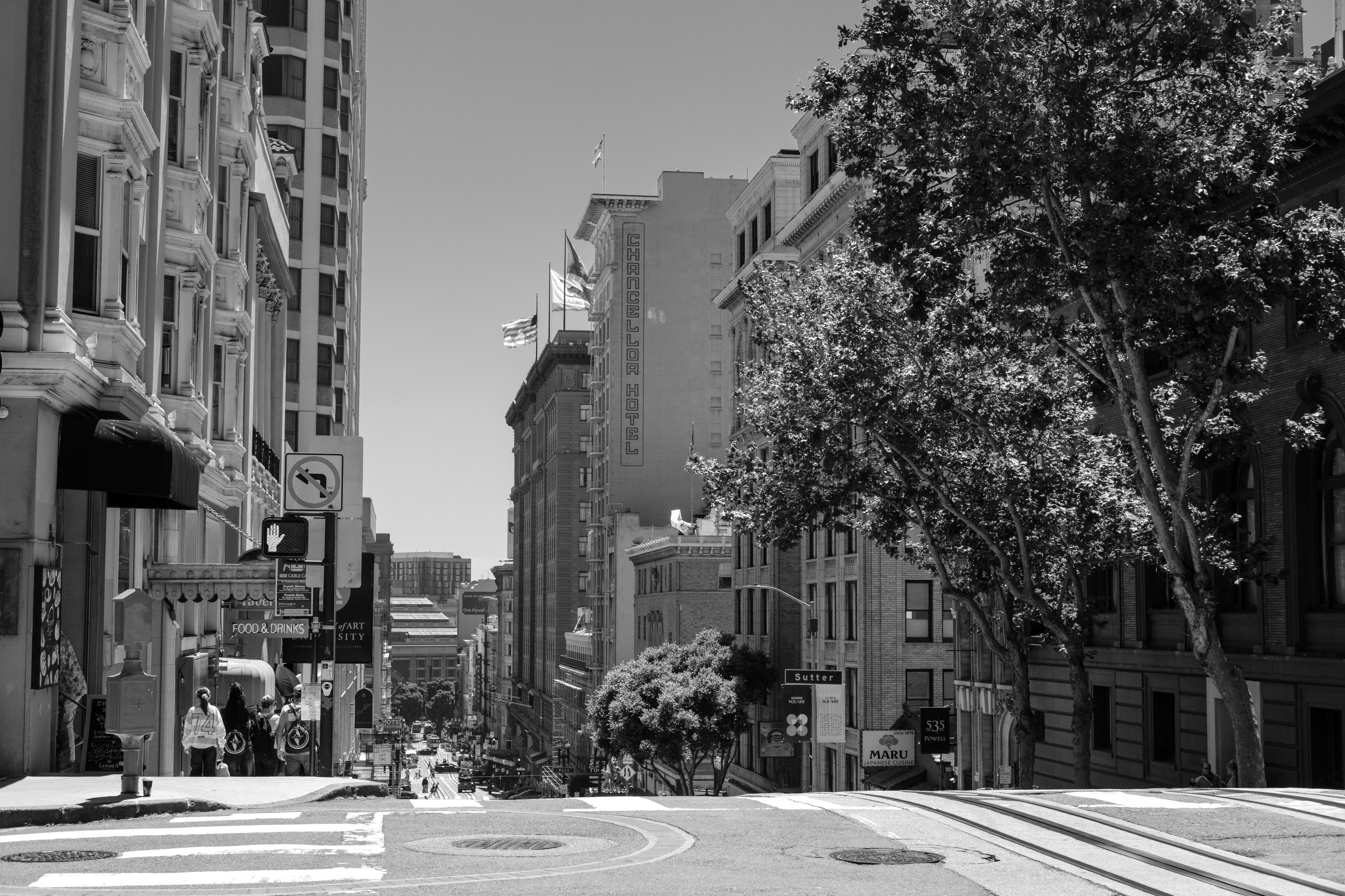 A city street on a sunny day.