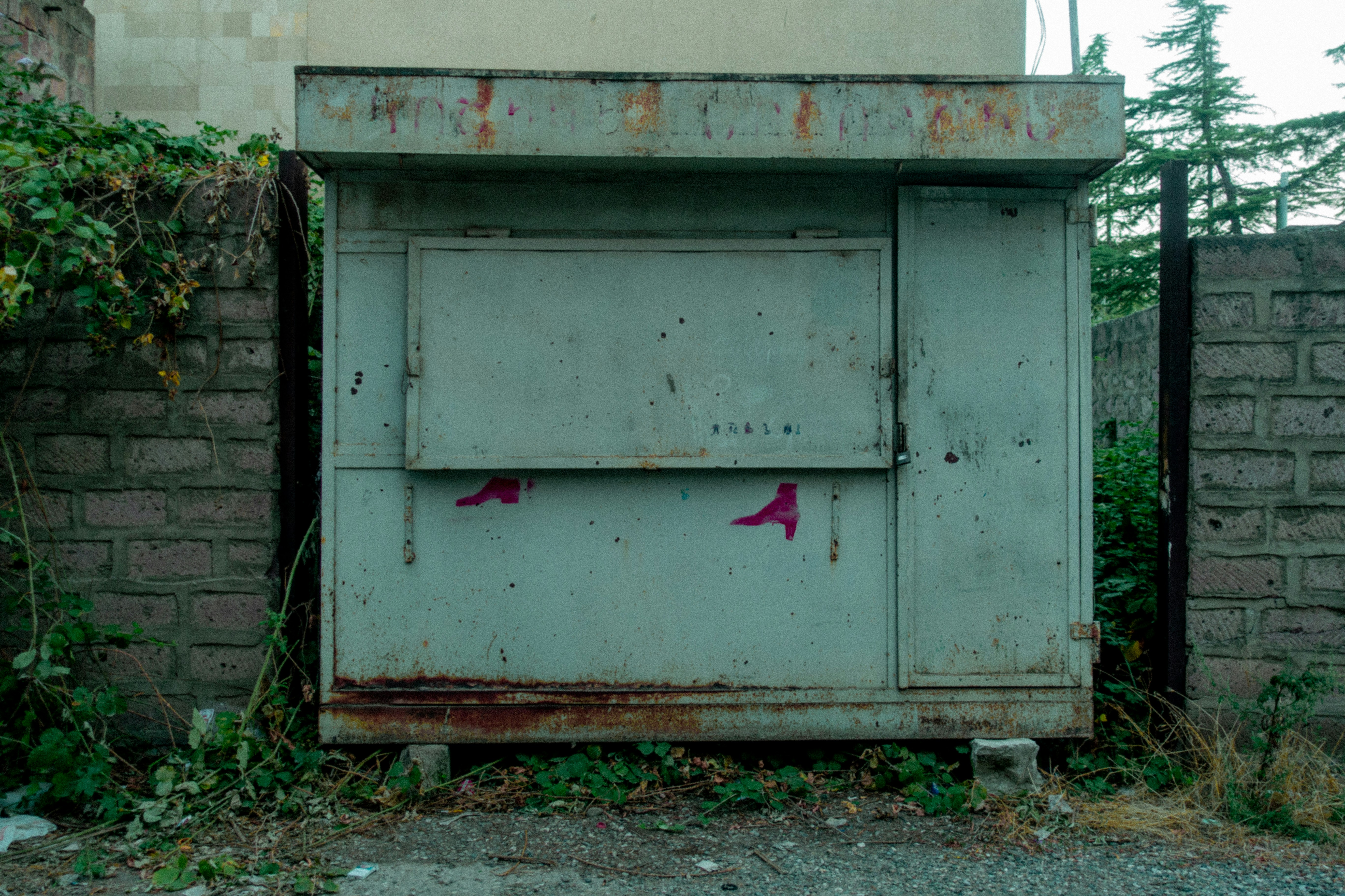 An old, weathered electrical box sits outdoors.