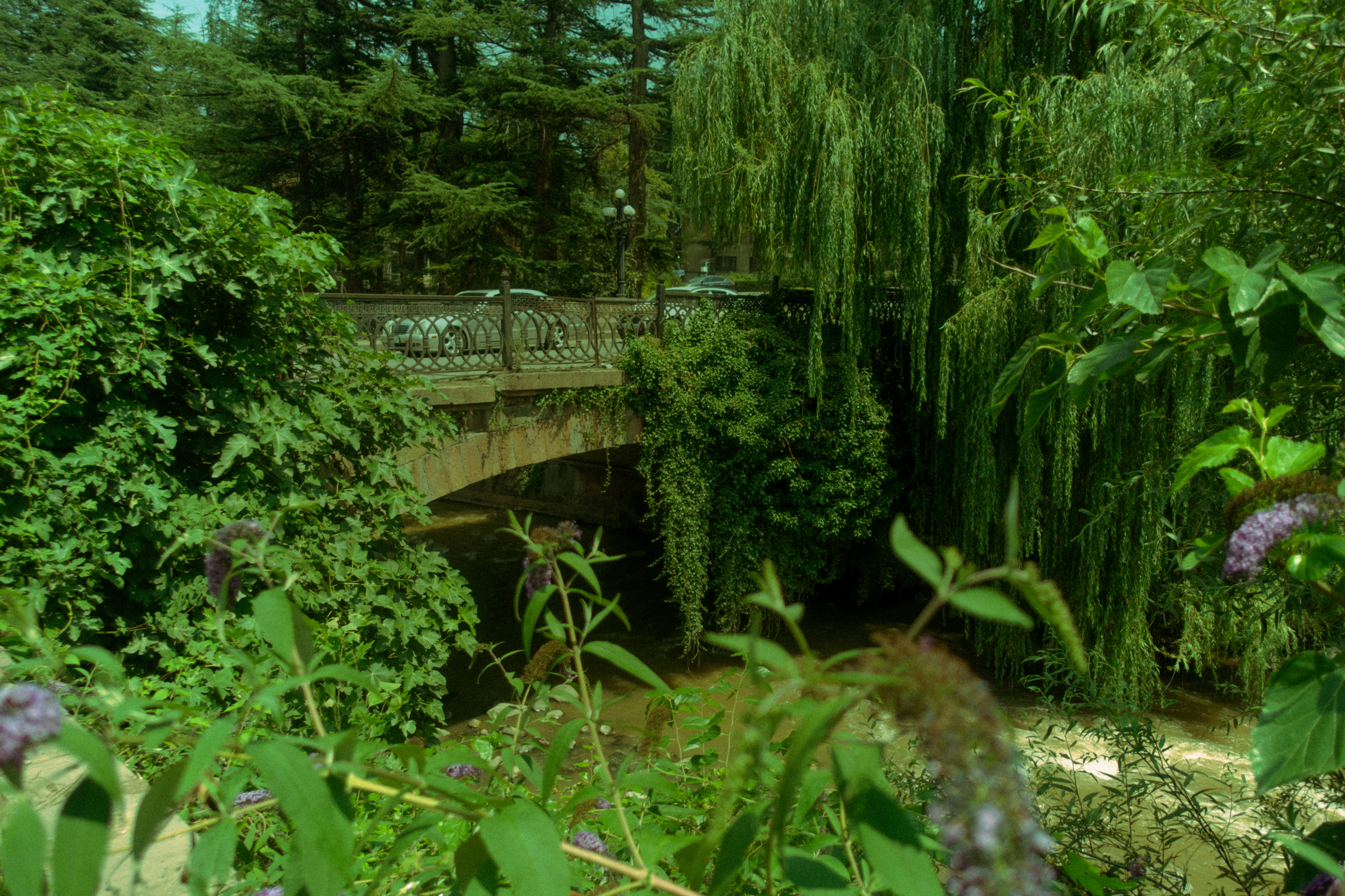 A stone bridge crosses a verdant river.