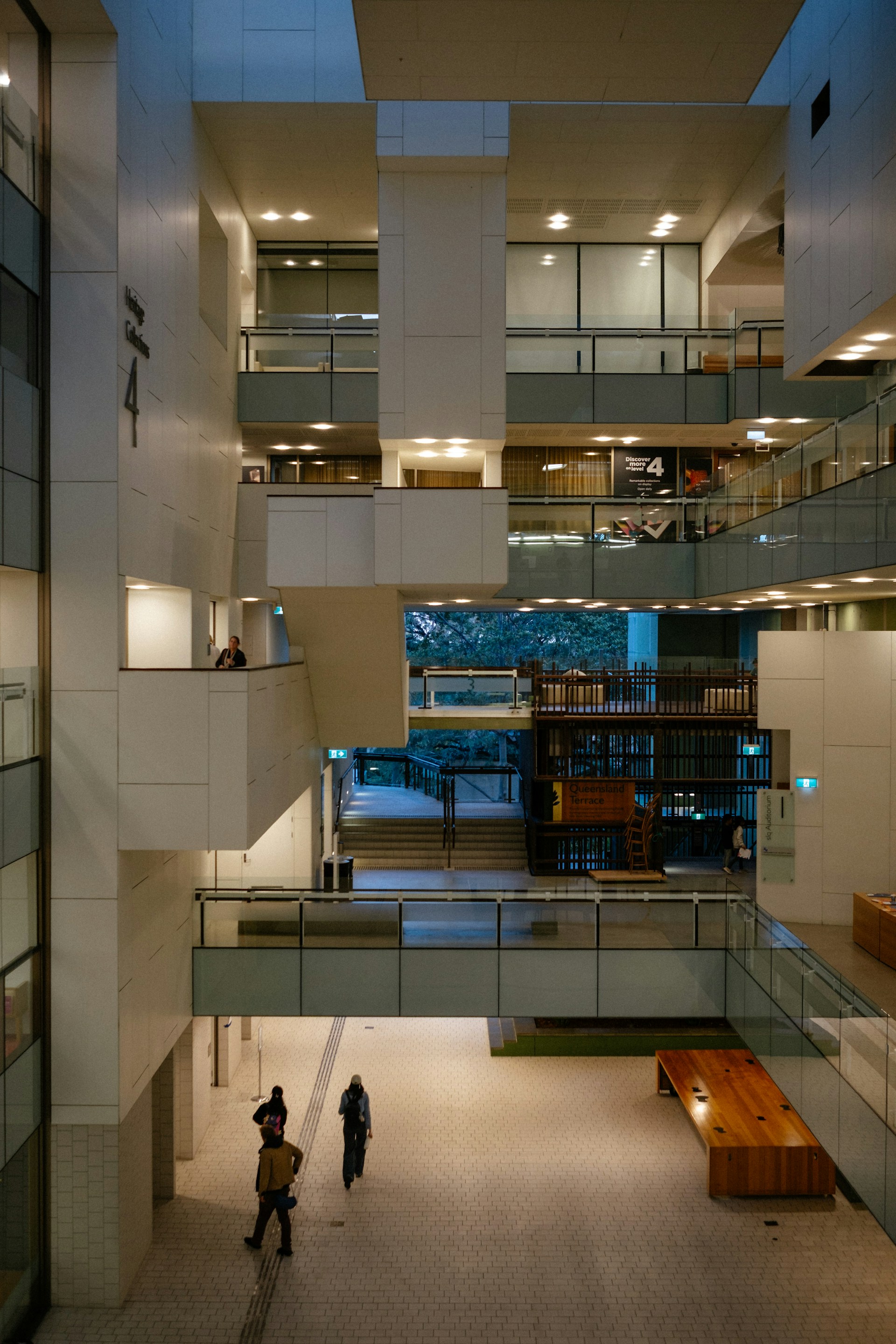 Modern building's interior with multiple levels.