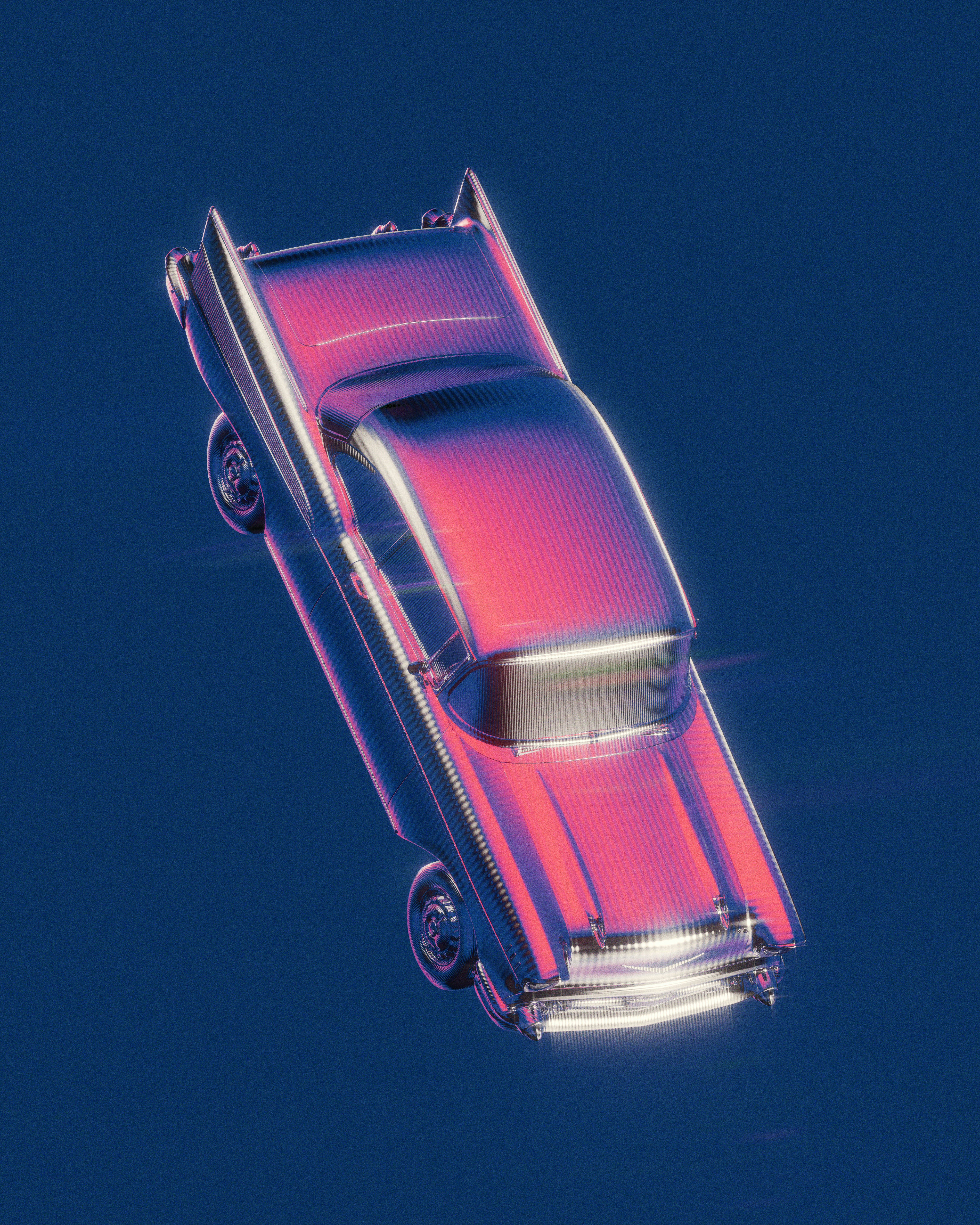 A shiny, pink classic car floats on blue.