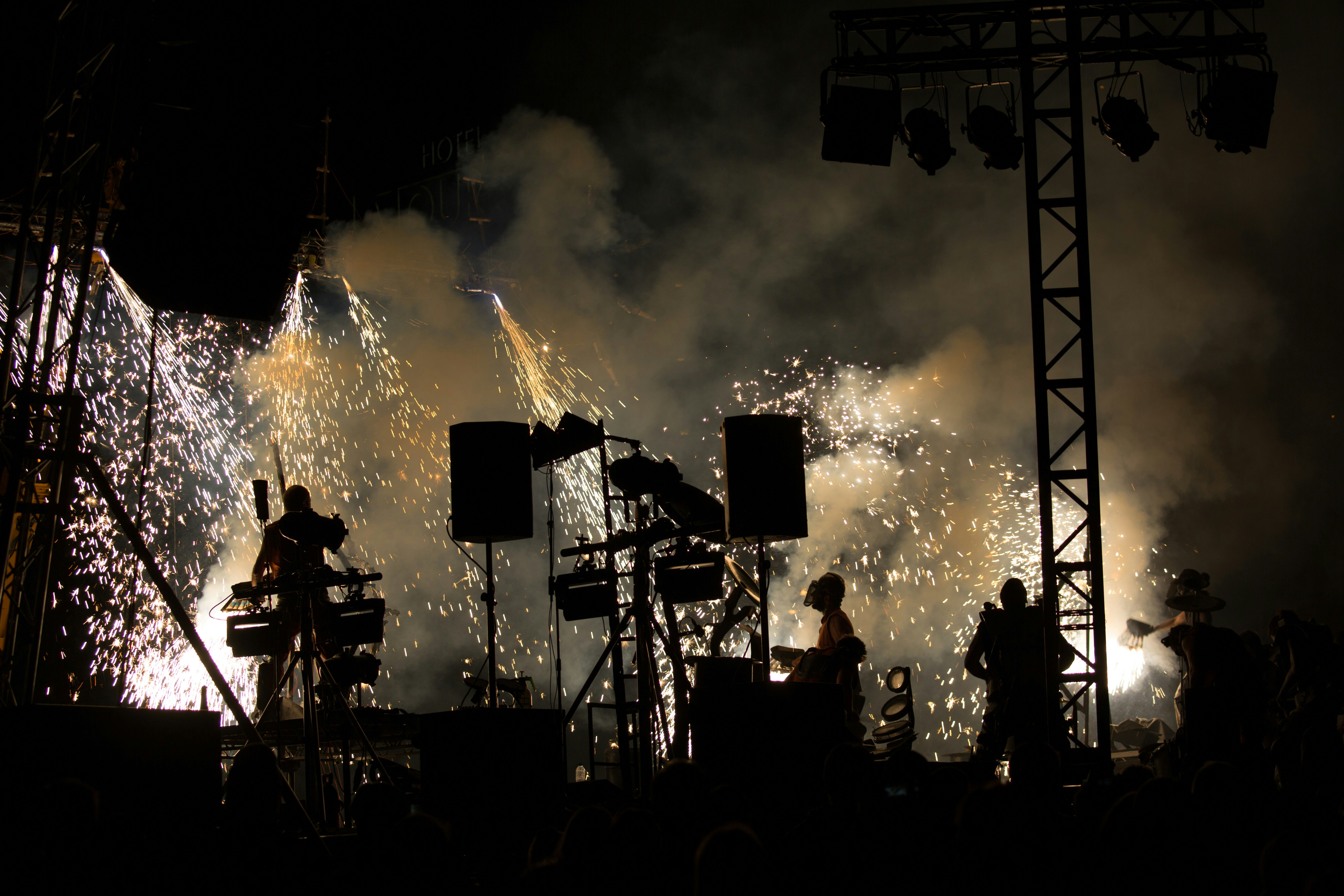 Fireworks explode behind a band on stage.