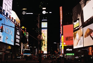 Times square shines brightly at night.