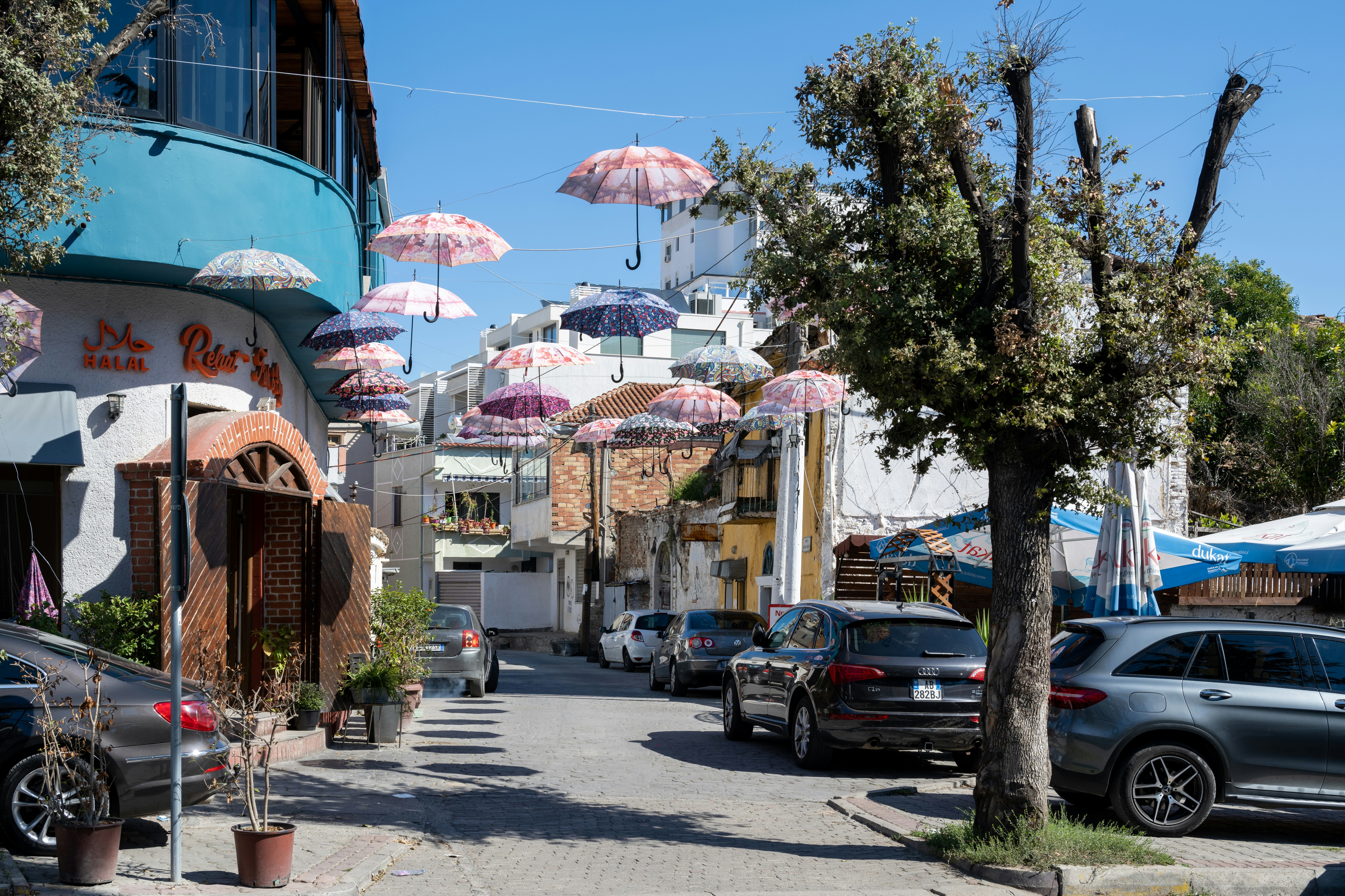 Street decorated with colorful umbrellas