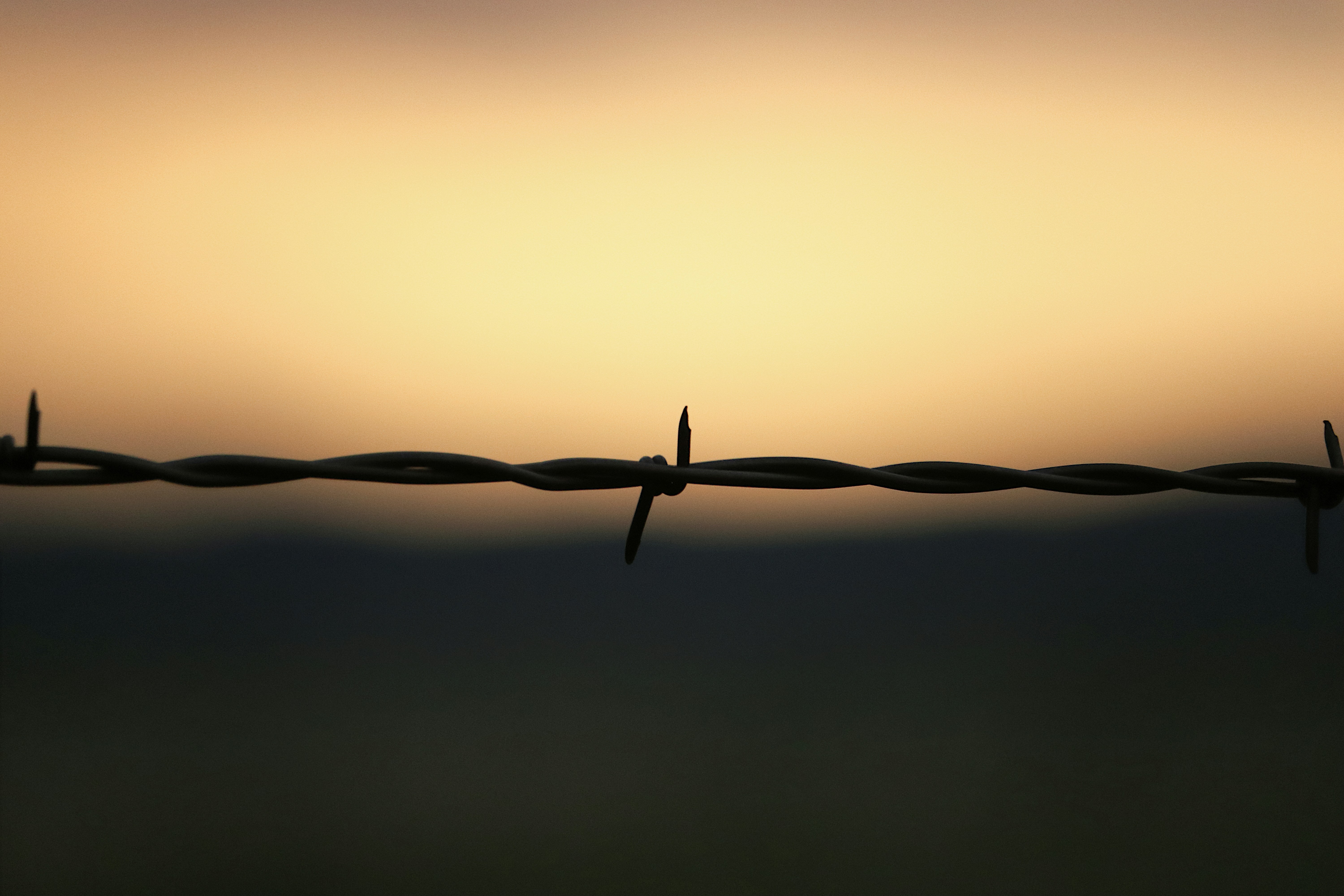 Barbed wire is silhouetted against a sunset sky.