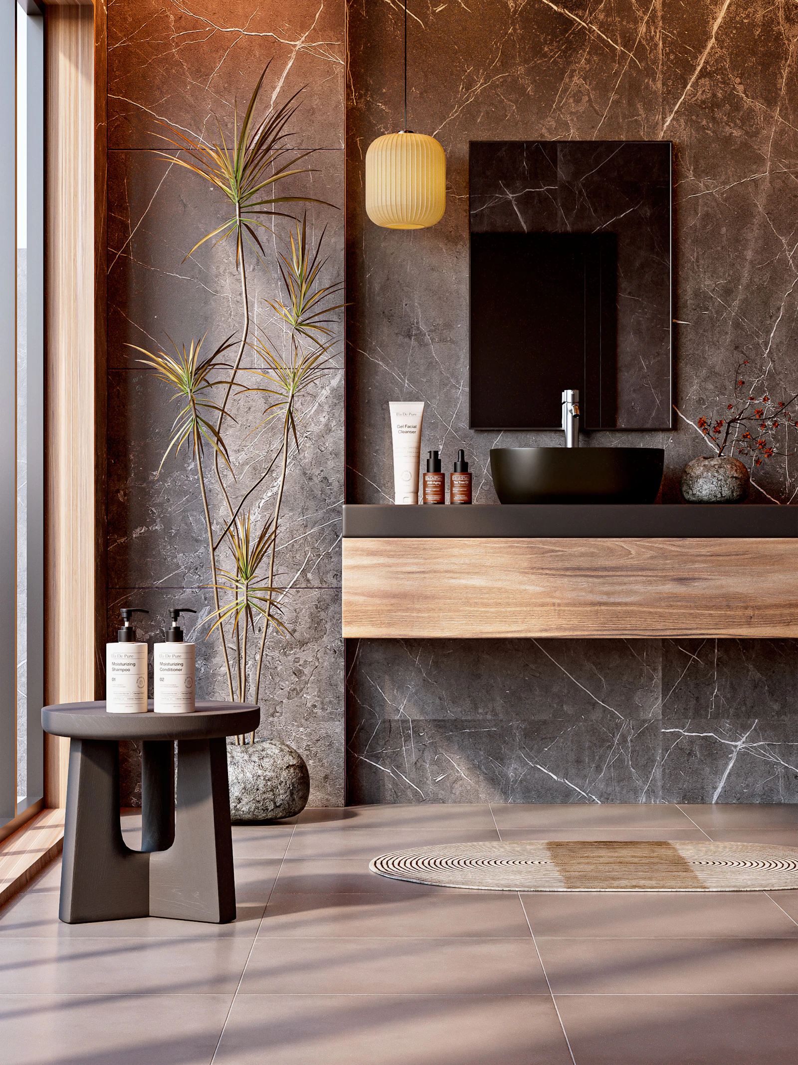 Calm marble bathroom with natural stone walls and soft light