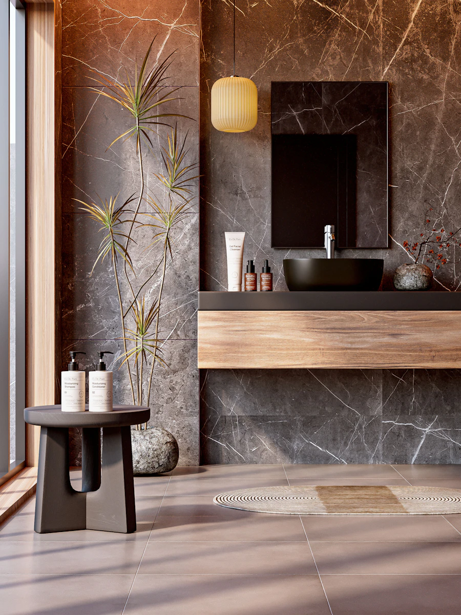 Frameless glass walk-in shower with rainfall fixture and natural stone tile