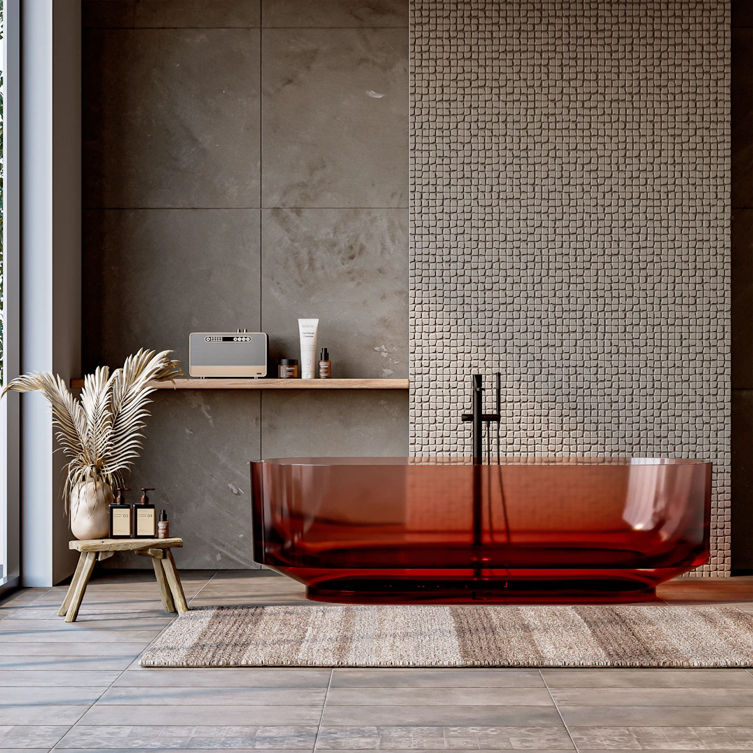 A modern bathroom with a red tub.