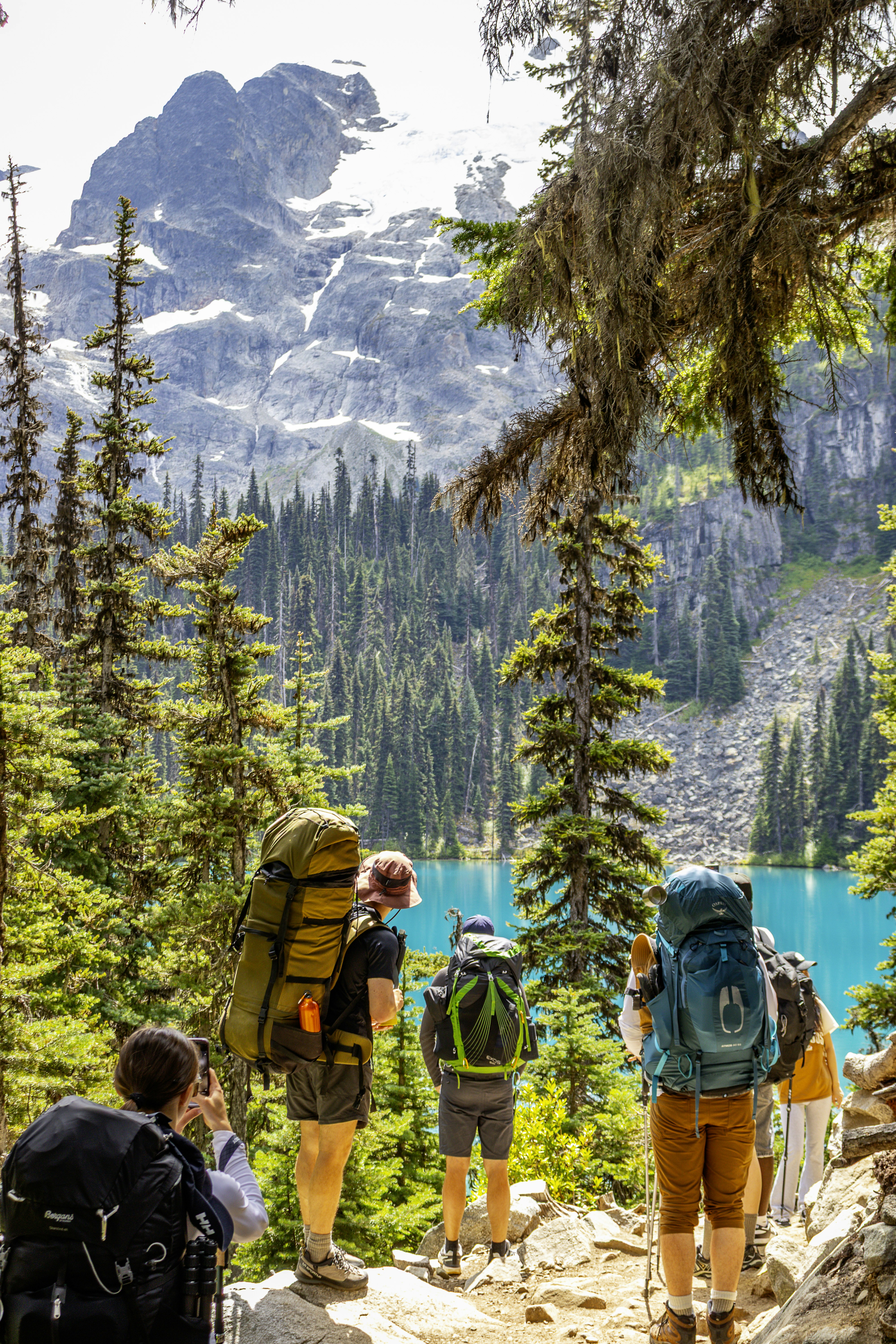 Hikers gaze at a stunning mountain lake view.