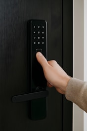 A fingerprint unlocks a digital door lock.