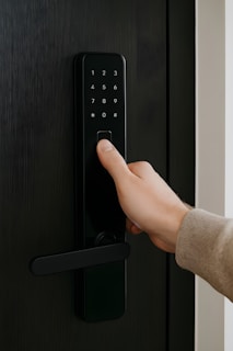 A fingerprint unlocks a digital door lock.