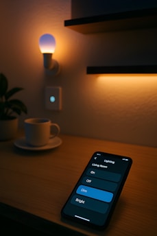 Smartphone controla iluminação residencial inteligente.