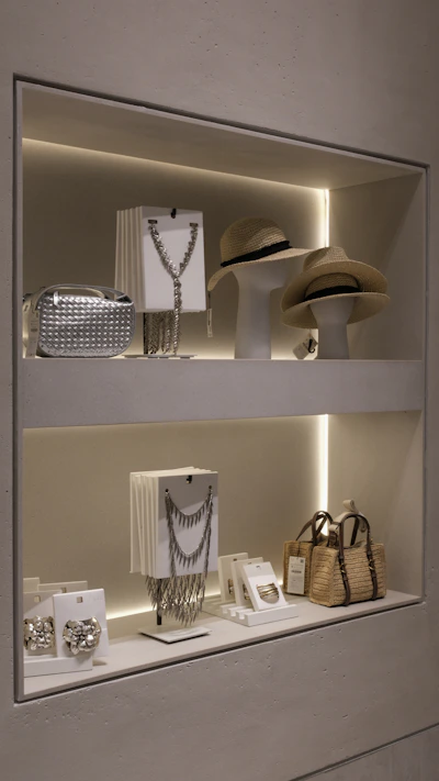 Luxury jewelry and handbags displayed in a lit shelf.