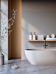 Elegant bathroom with modern fixtures and decor.