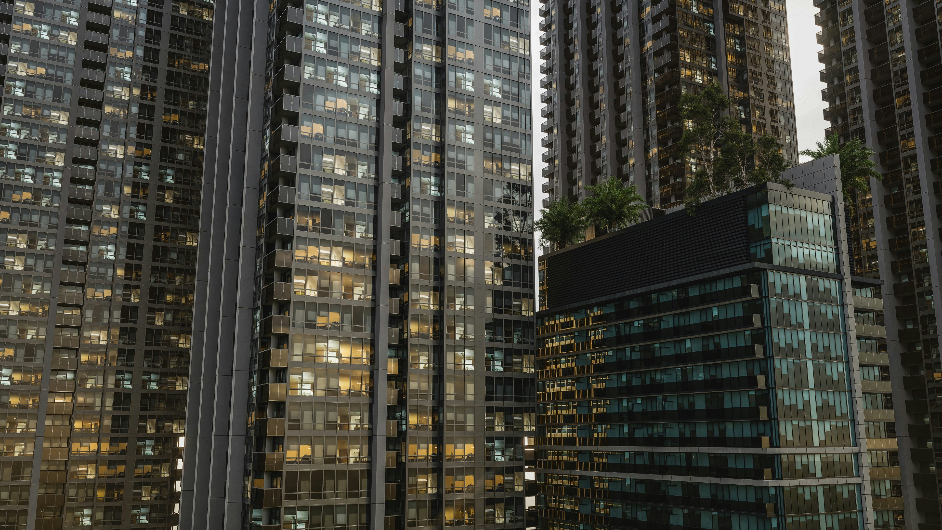 Tall skyscrapers with lit windows dominate the scene.