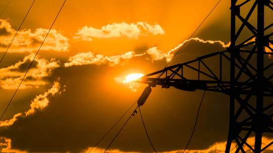 Sunset illuminates the sky, silhouetting the power lines.