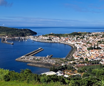A beautiful coastal town sits by the ocean.