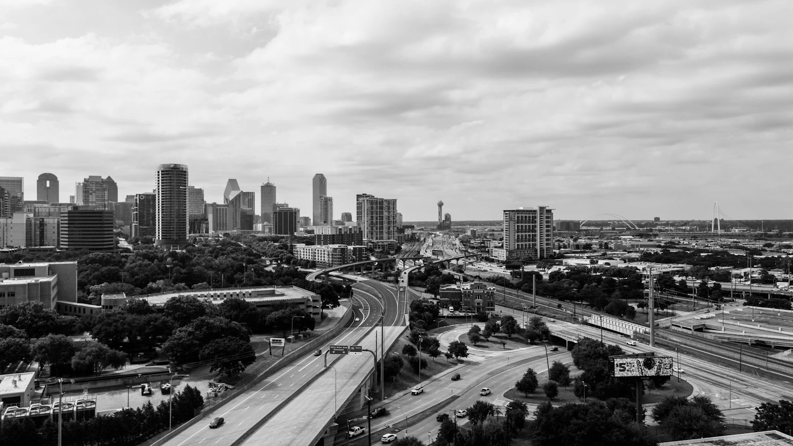 Texas city skyline threaded with interstate highways