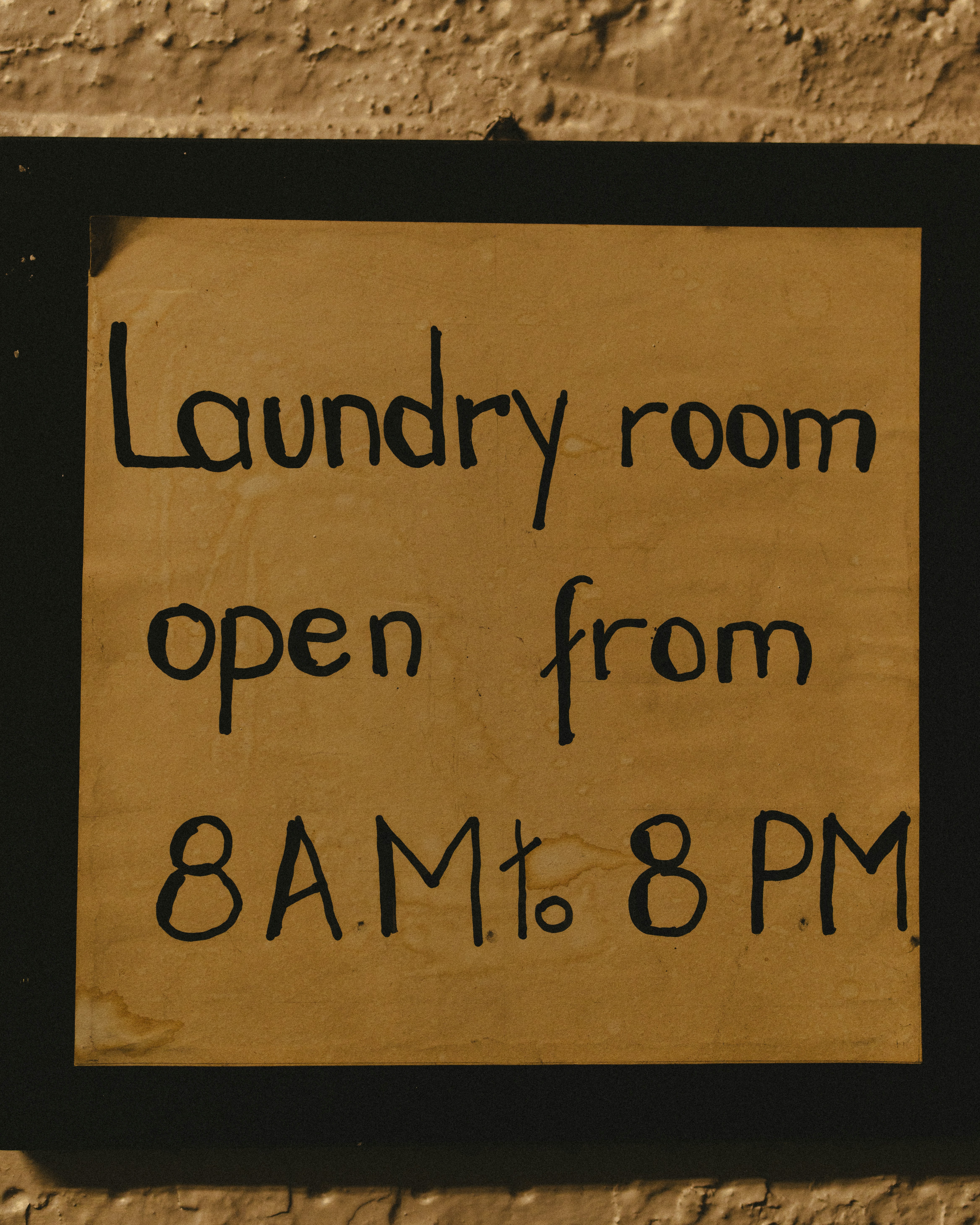 Laundry room open hours are 8 am to 8 pm.