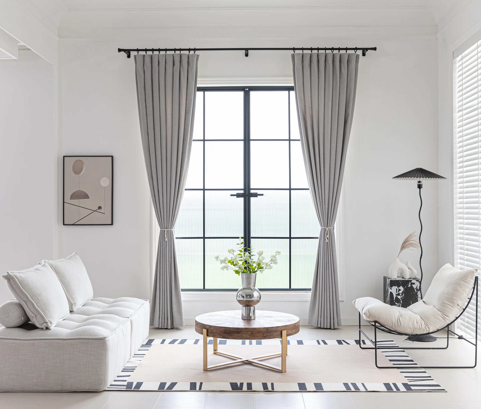 Elegant living room with custom drapery