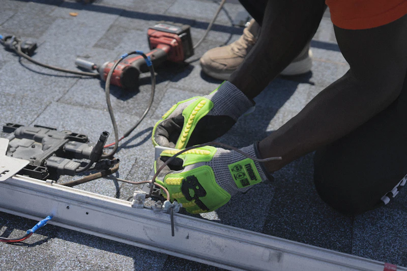 Worker installing electrical components on a roof