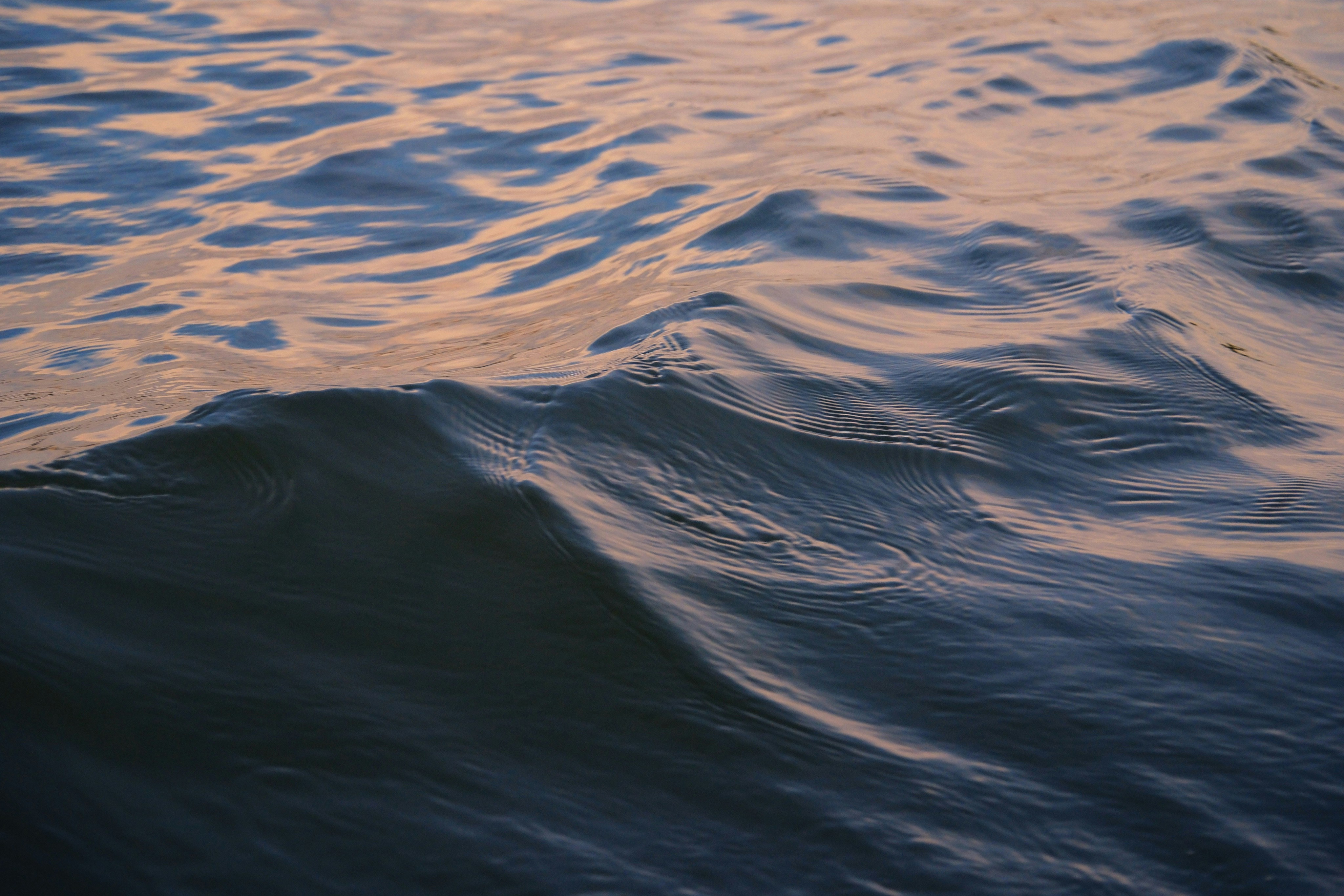 Here's a caption: the dark blue water ripples gently.