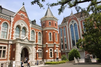 Historic brick university buildings with gothic architectural style