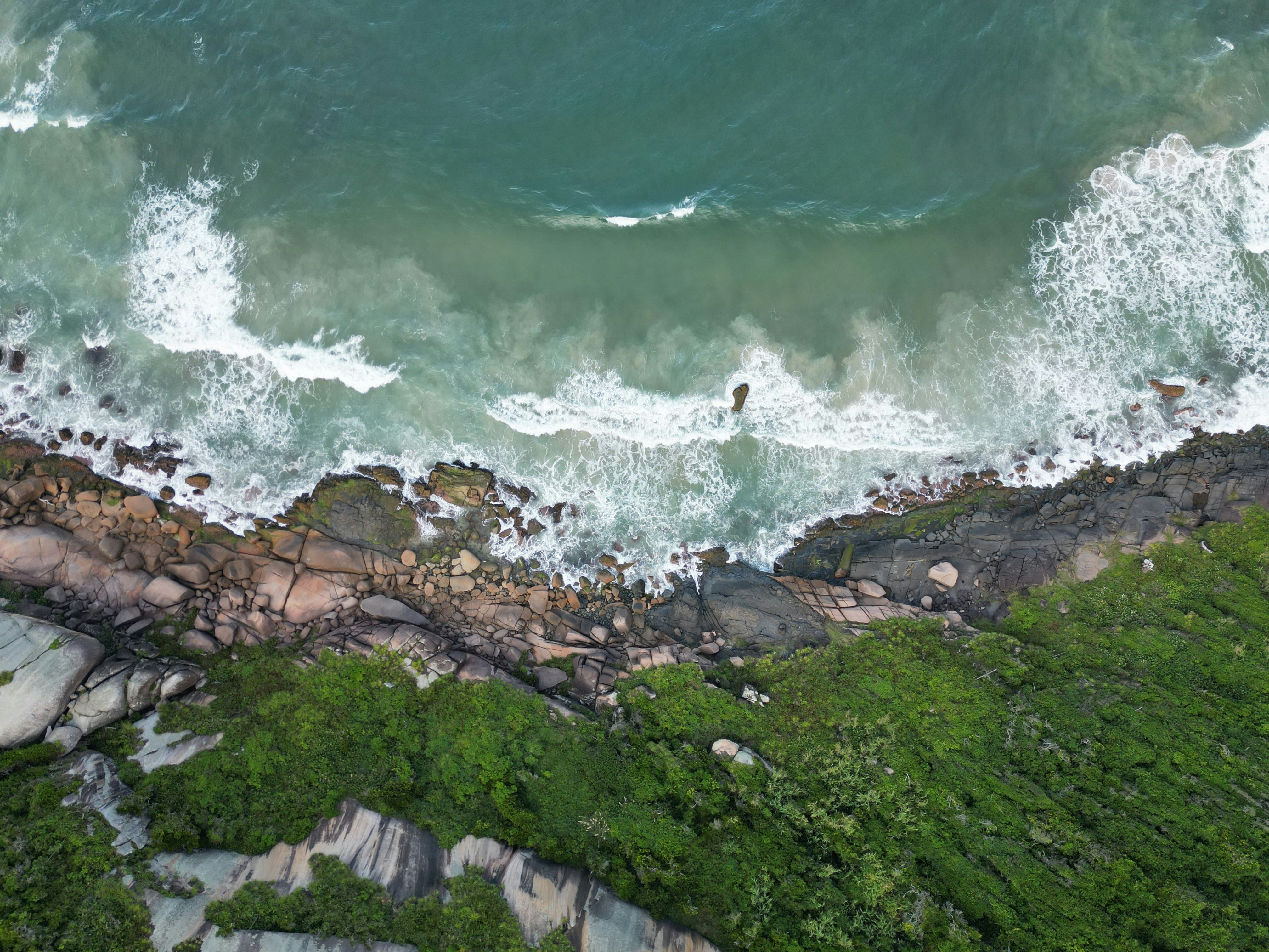 Pemandangan udara garis pantai berbatu dengan vegetasi hijau dan ombak.