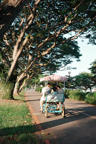 People ride a surrey bike along a paved path.