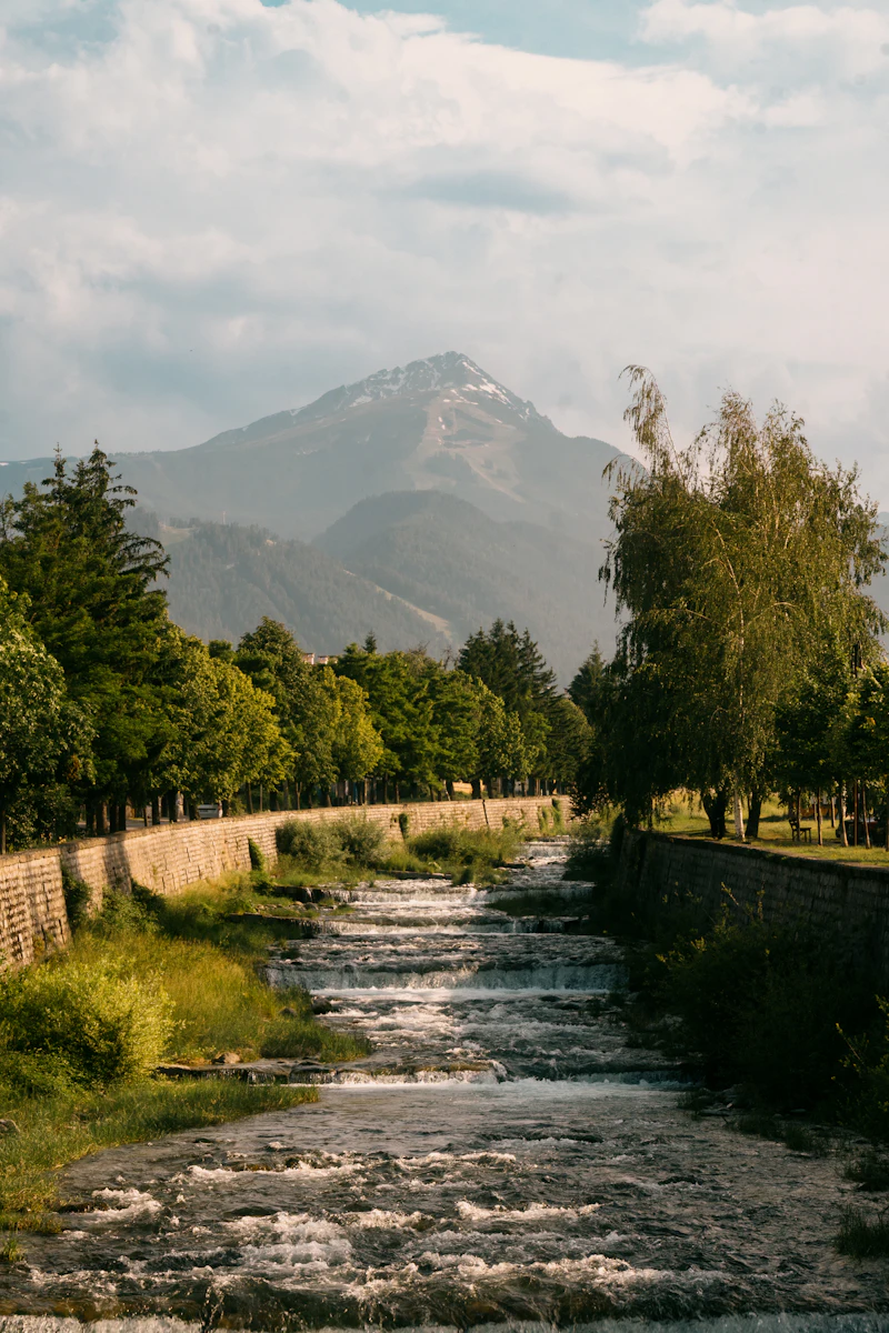 A river running past trees with a Pirin mountain peak behind it.