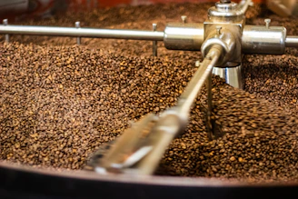 Coffee beans being roasted in a large machine.