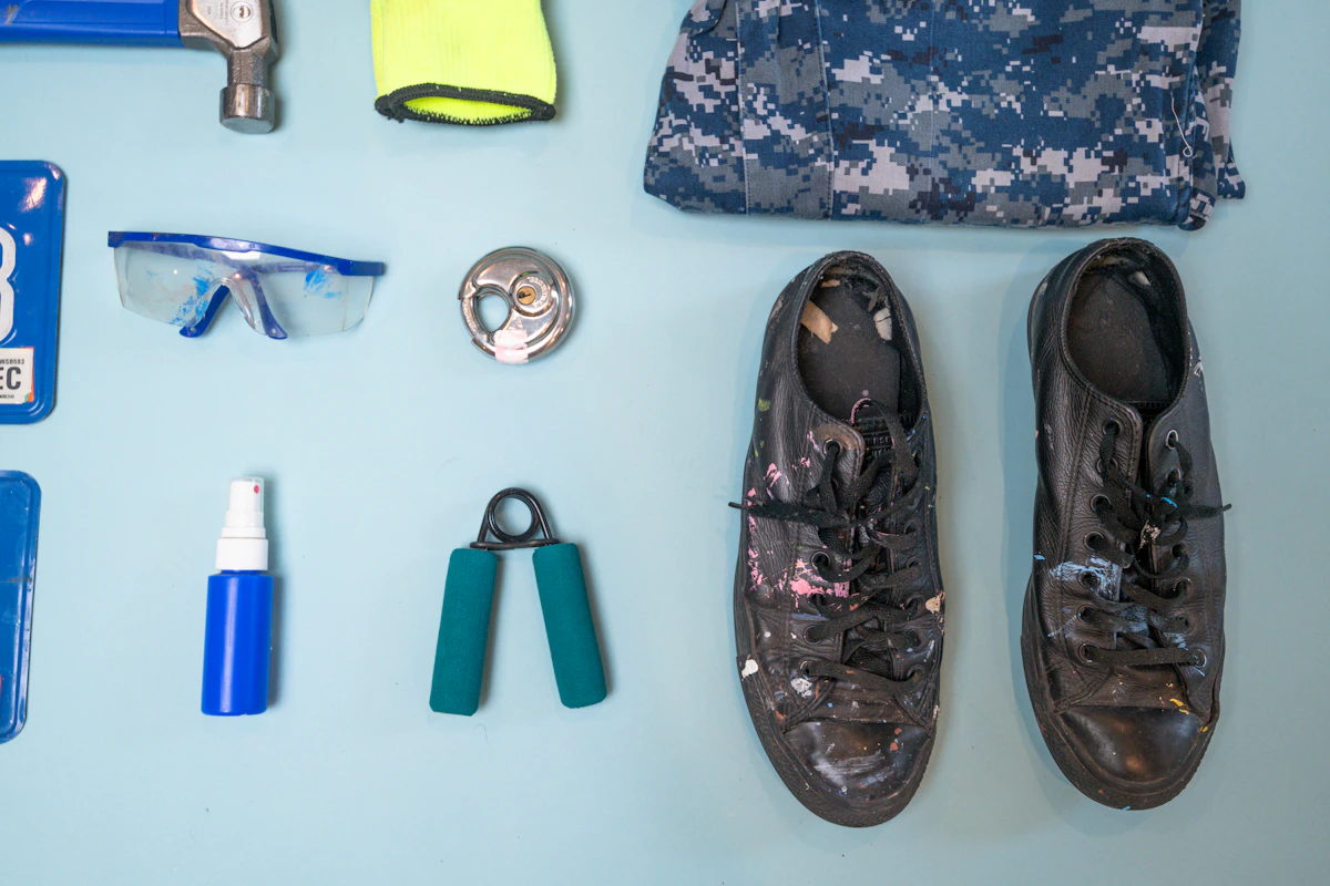 Tools and work clothes laid out on a blue surface