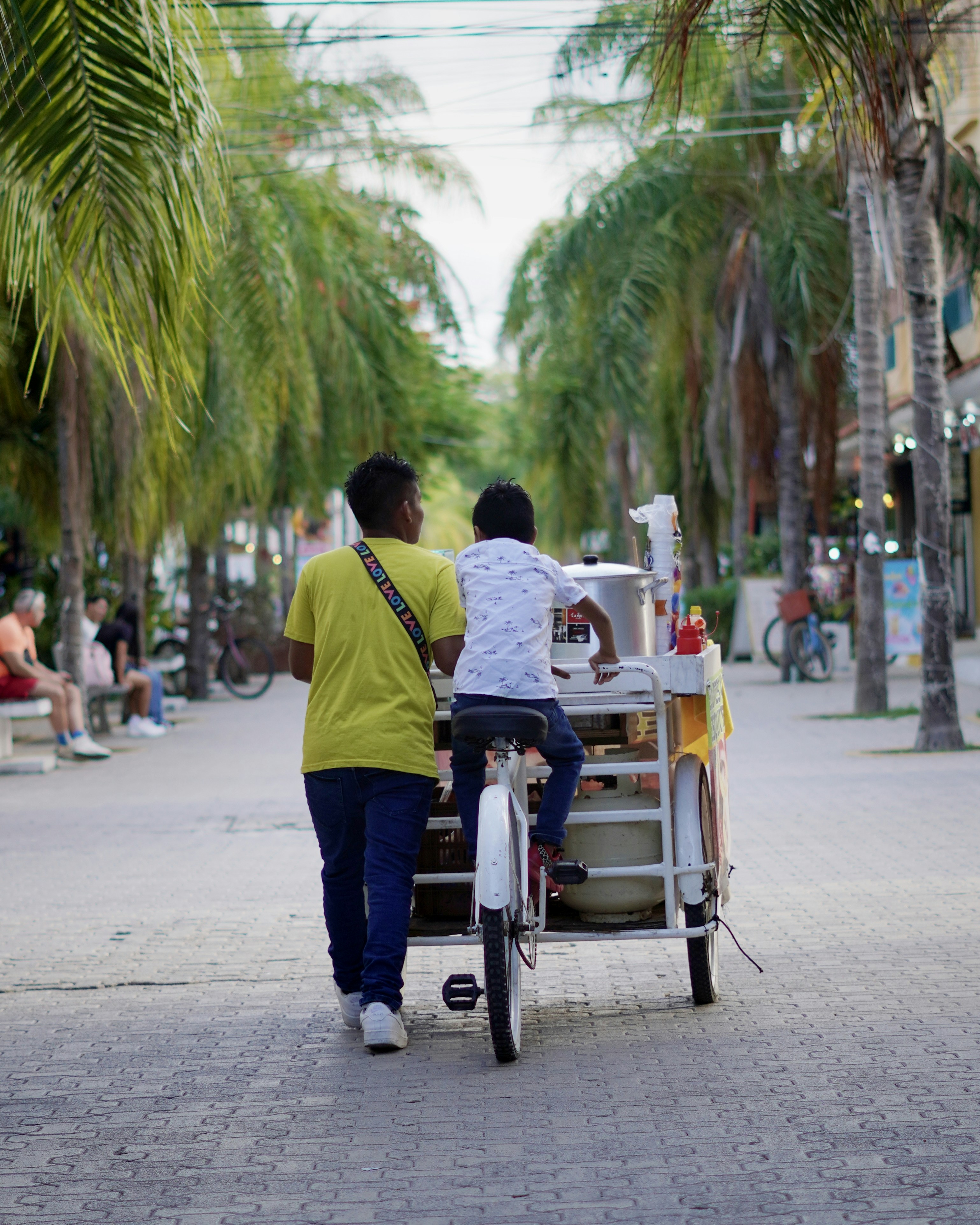 Two people ride a tricycle down a tree-lined street.