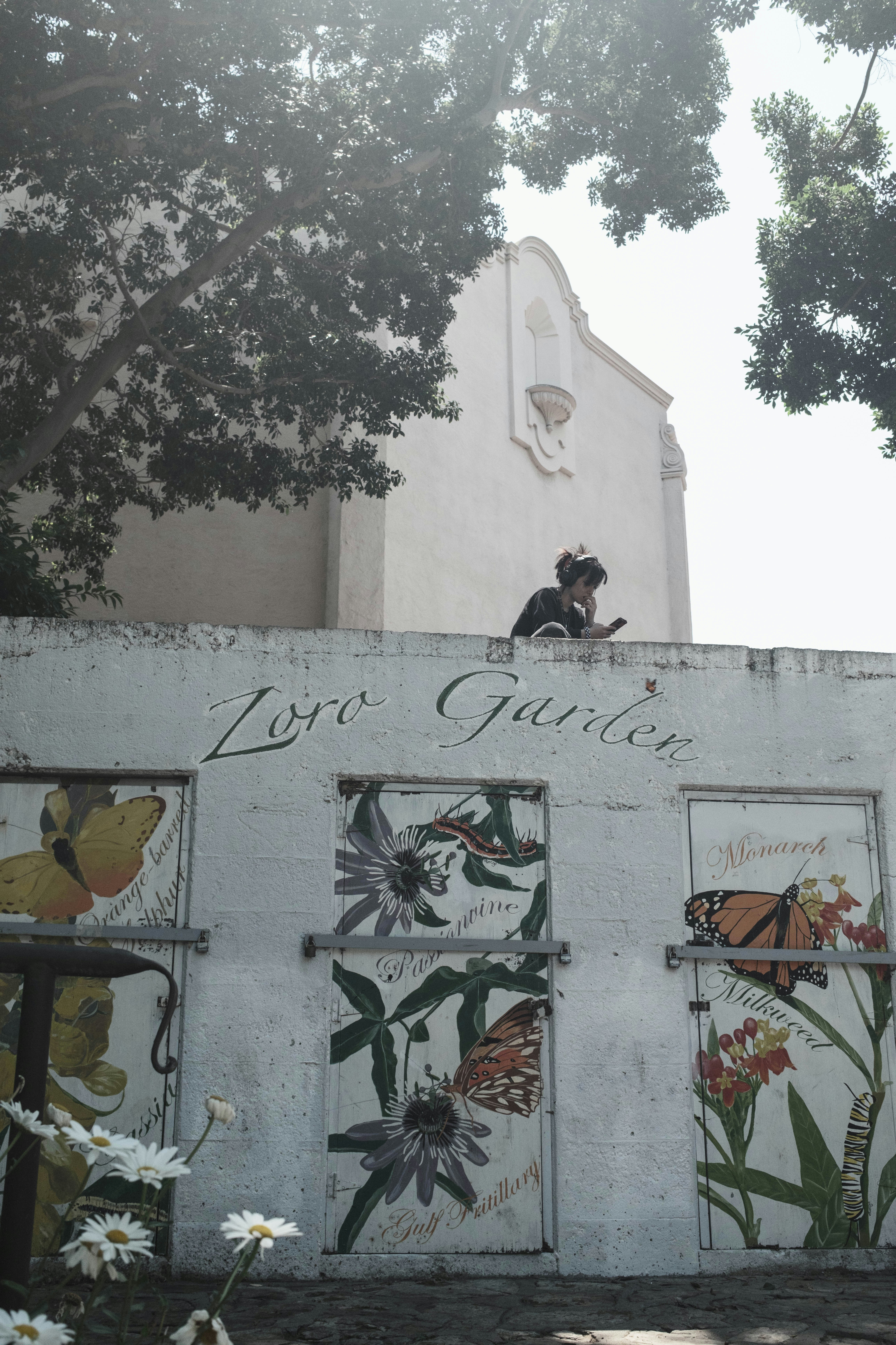 Woman on wall overlooking painted garden wall