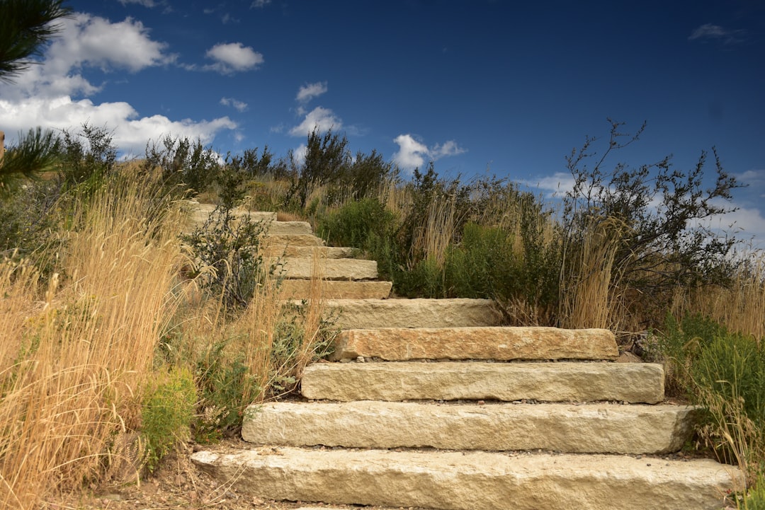 Stone steps ascend a grassy hill under a blue sky